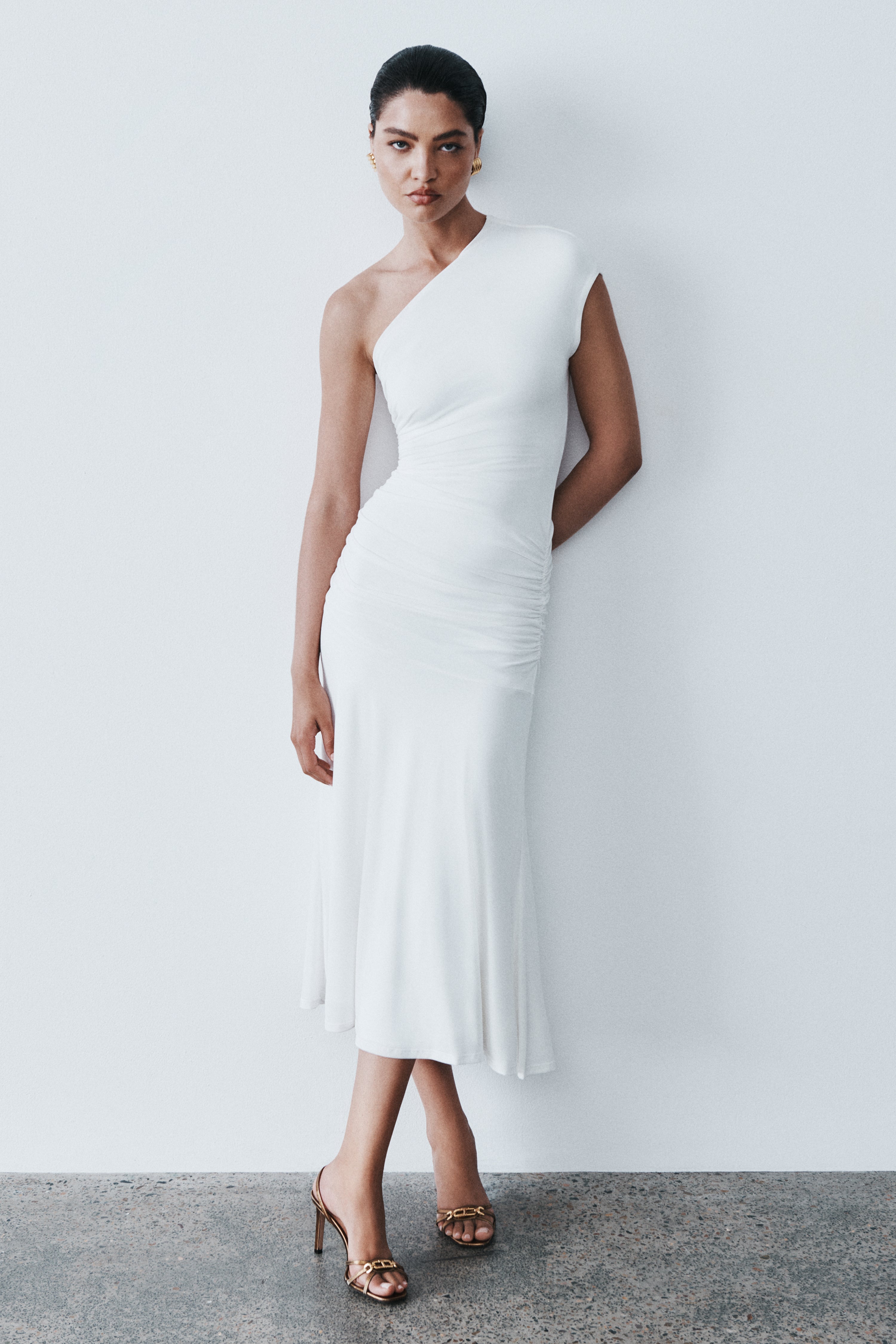 knee length dresses for ladies Chloe Peached Jersey One Shoulder Midi Dress / Ivory | Meshki