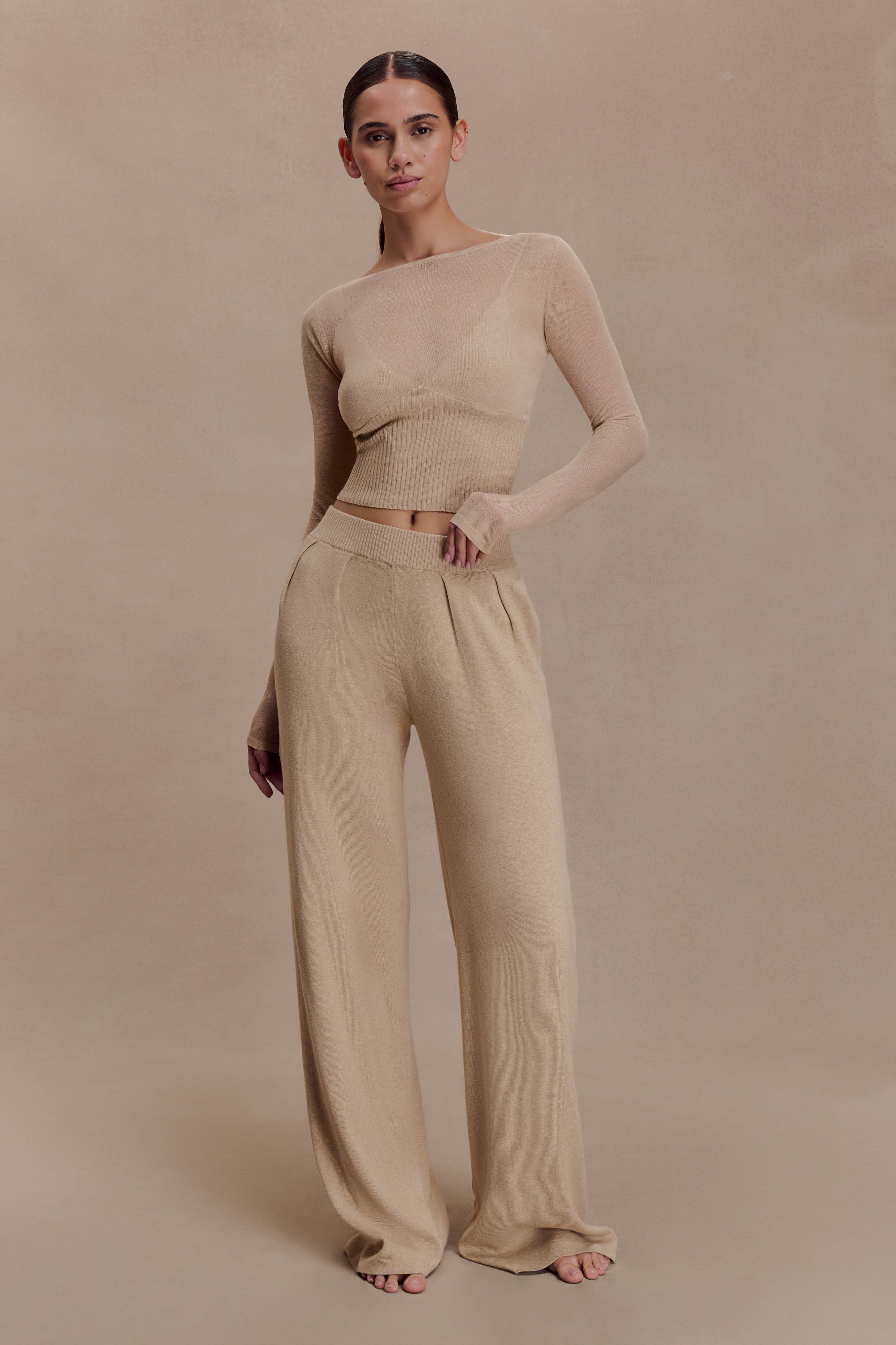Frannie Gathered Silk Blend Knit Pants - Sand | MESHKI US