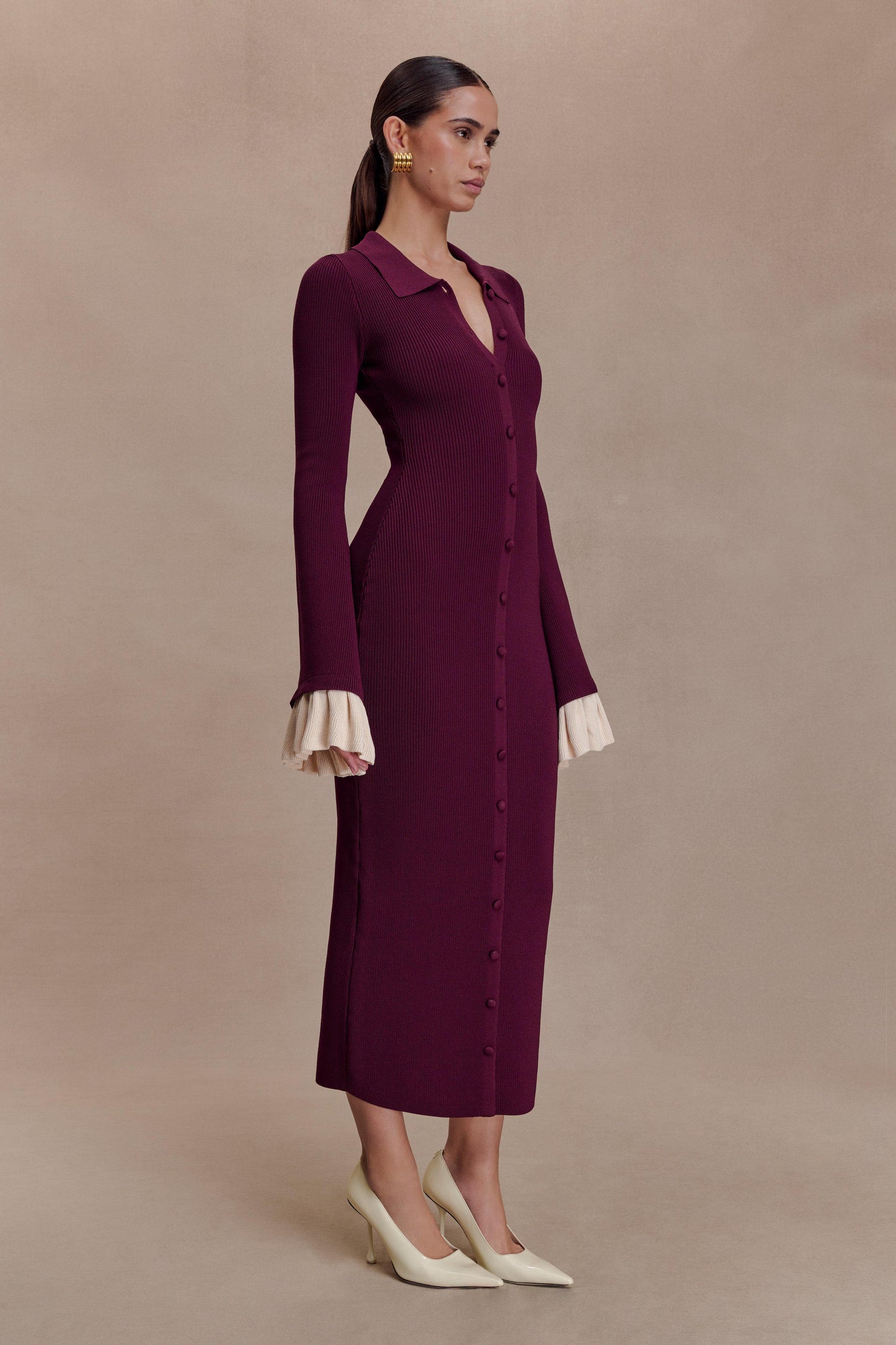 Amirose Ruffle Knit Midi Dress - Plum