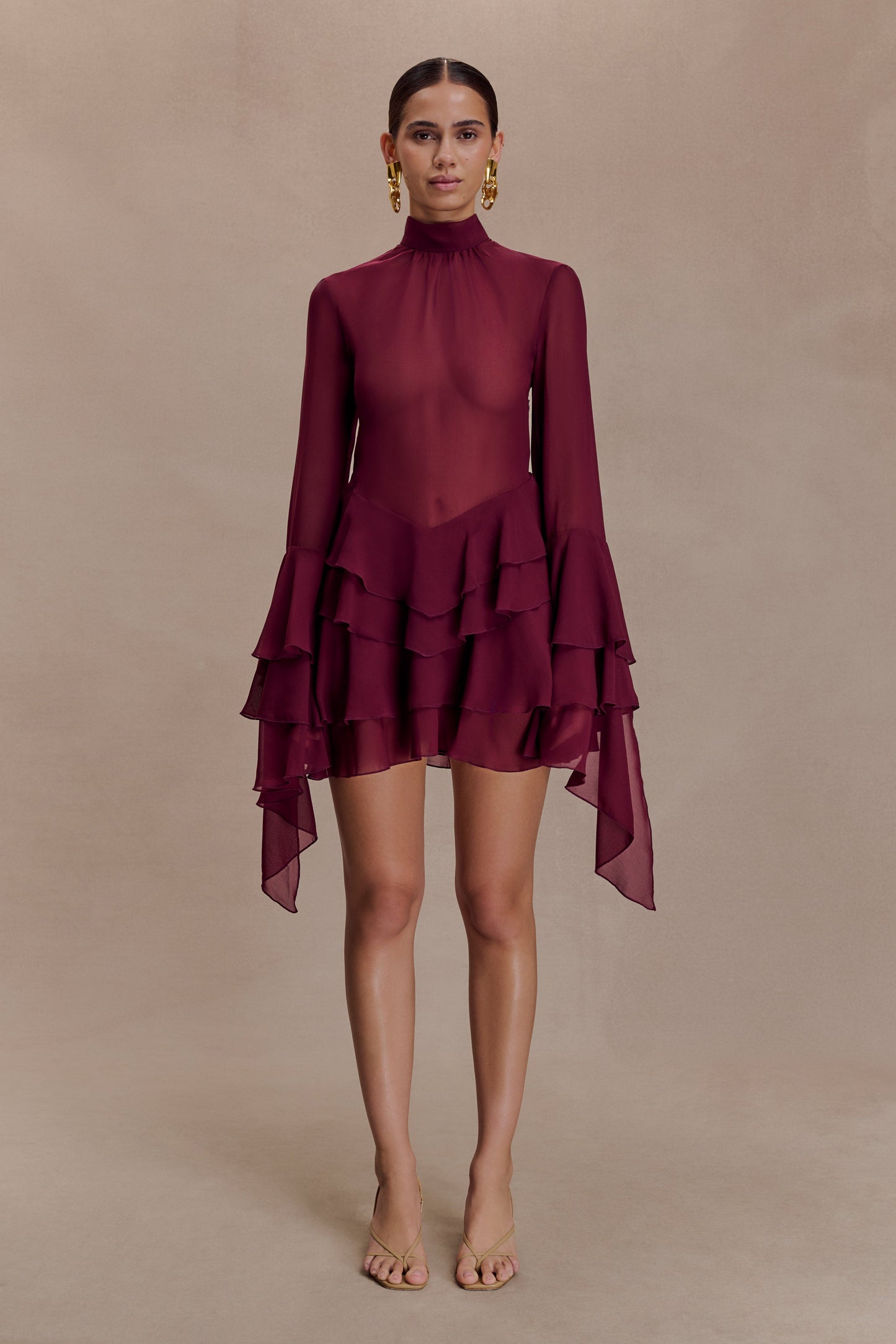 Nimah Chiffon Ruffle Mini Dress - Wine