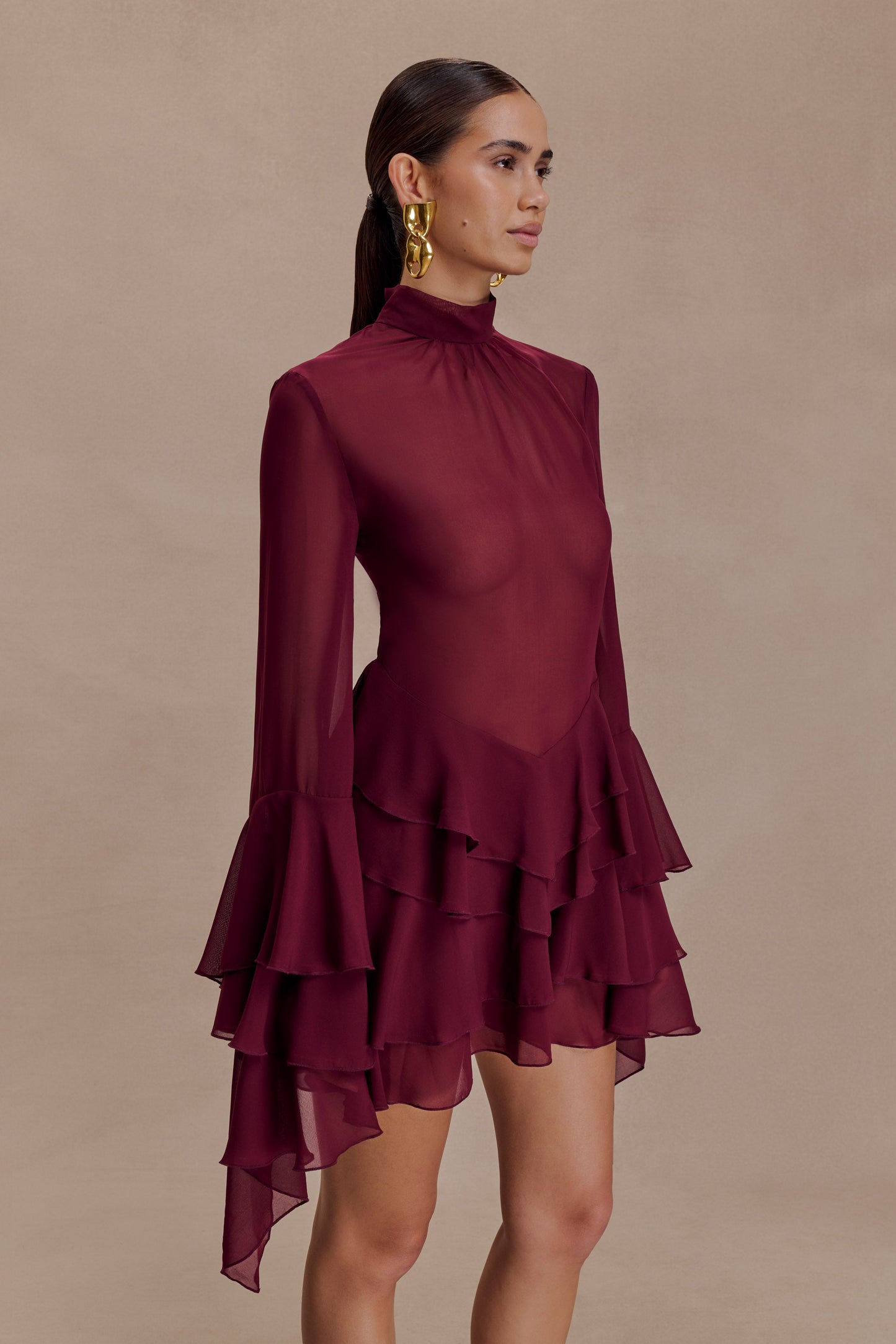 Nimah Chiffon Ruffle Mini Dress - Wine