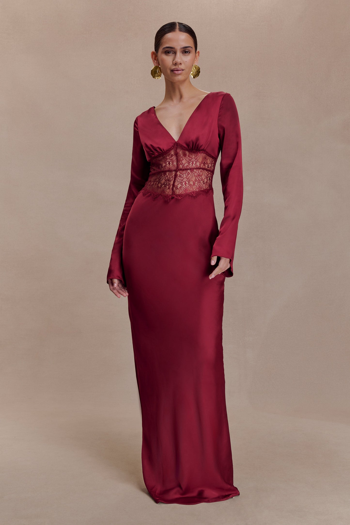 Kaya Long Sleeve Satin And Mesh Maxi Dress - Wine