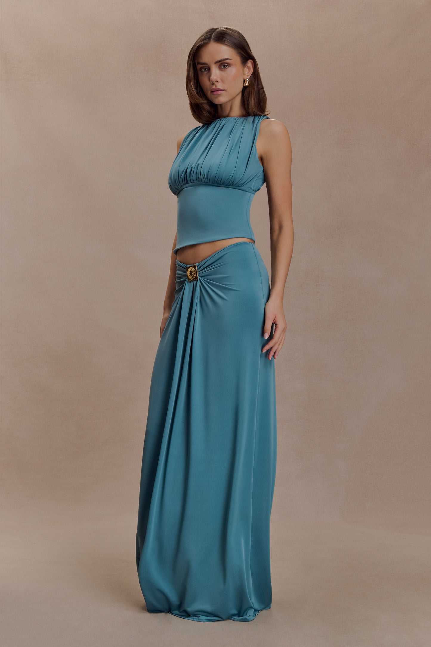 Erina Slinky Ruched Maxi Skirt With Hardware - Teal