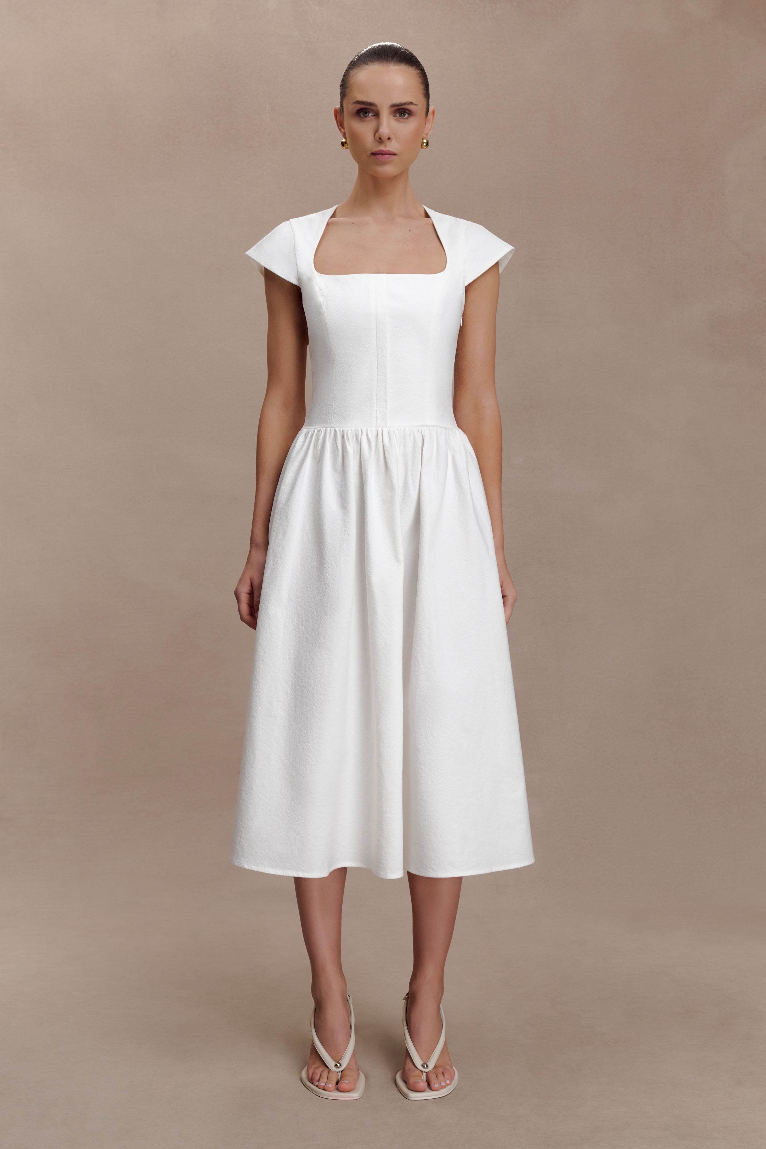Ayla Cotton Fit And Flare Midi Dress / White | MESHKI