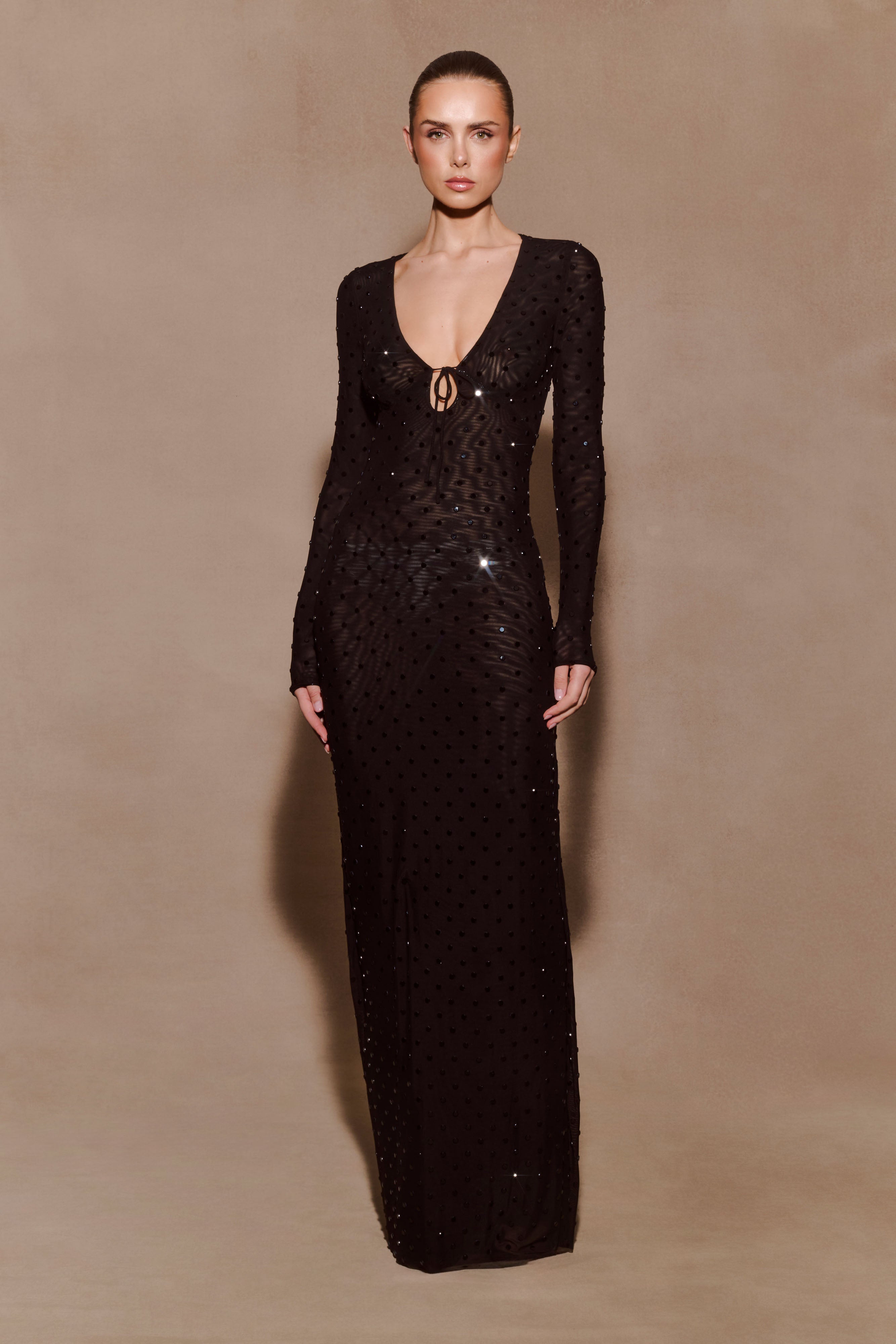 Acadia Diamante Long Sleeve Maxi Dress / Black | MESHKI
