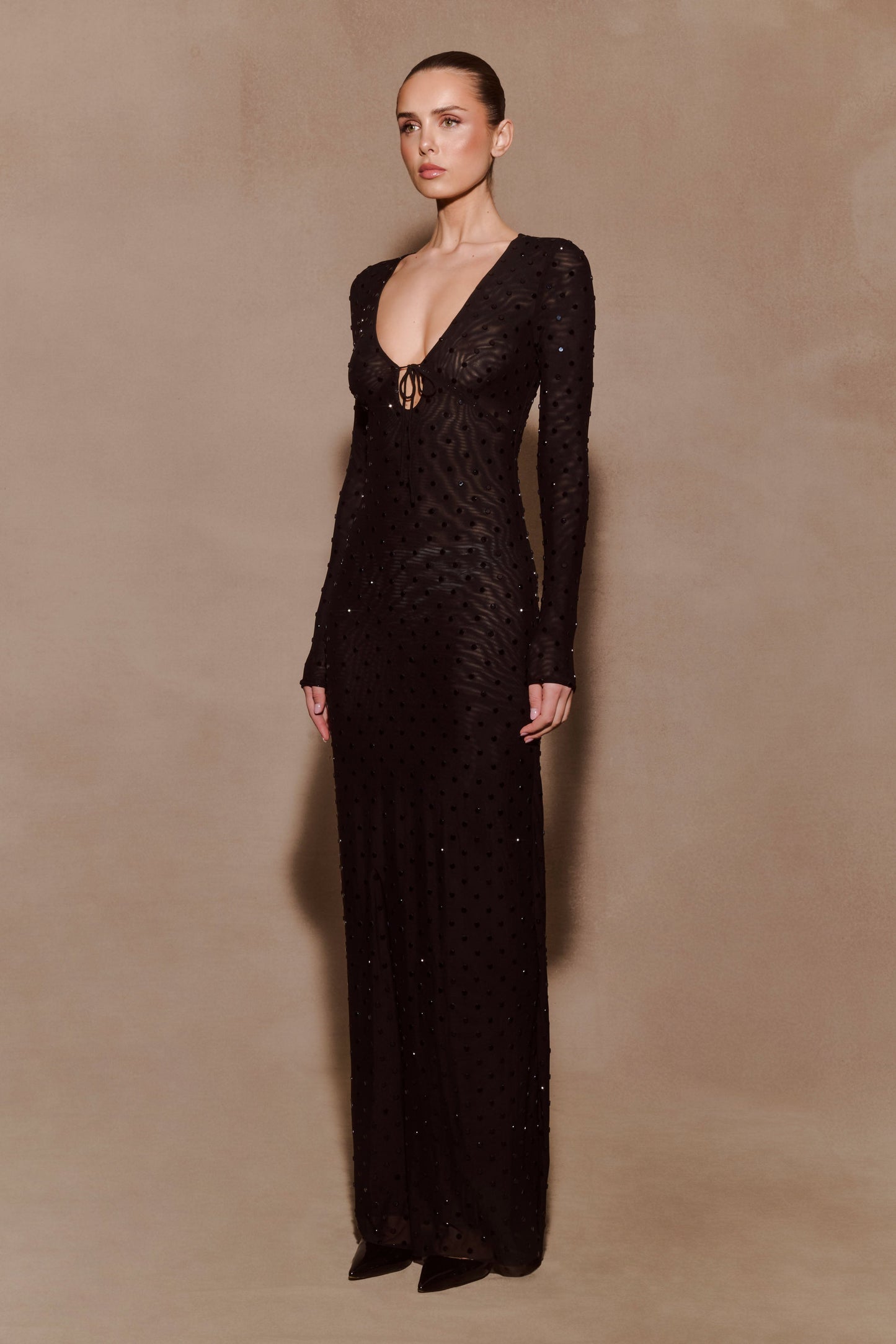 Acadia Diamante Long Sleeve Maxi Dress - Black
