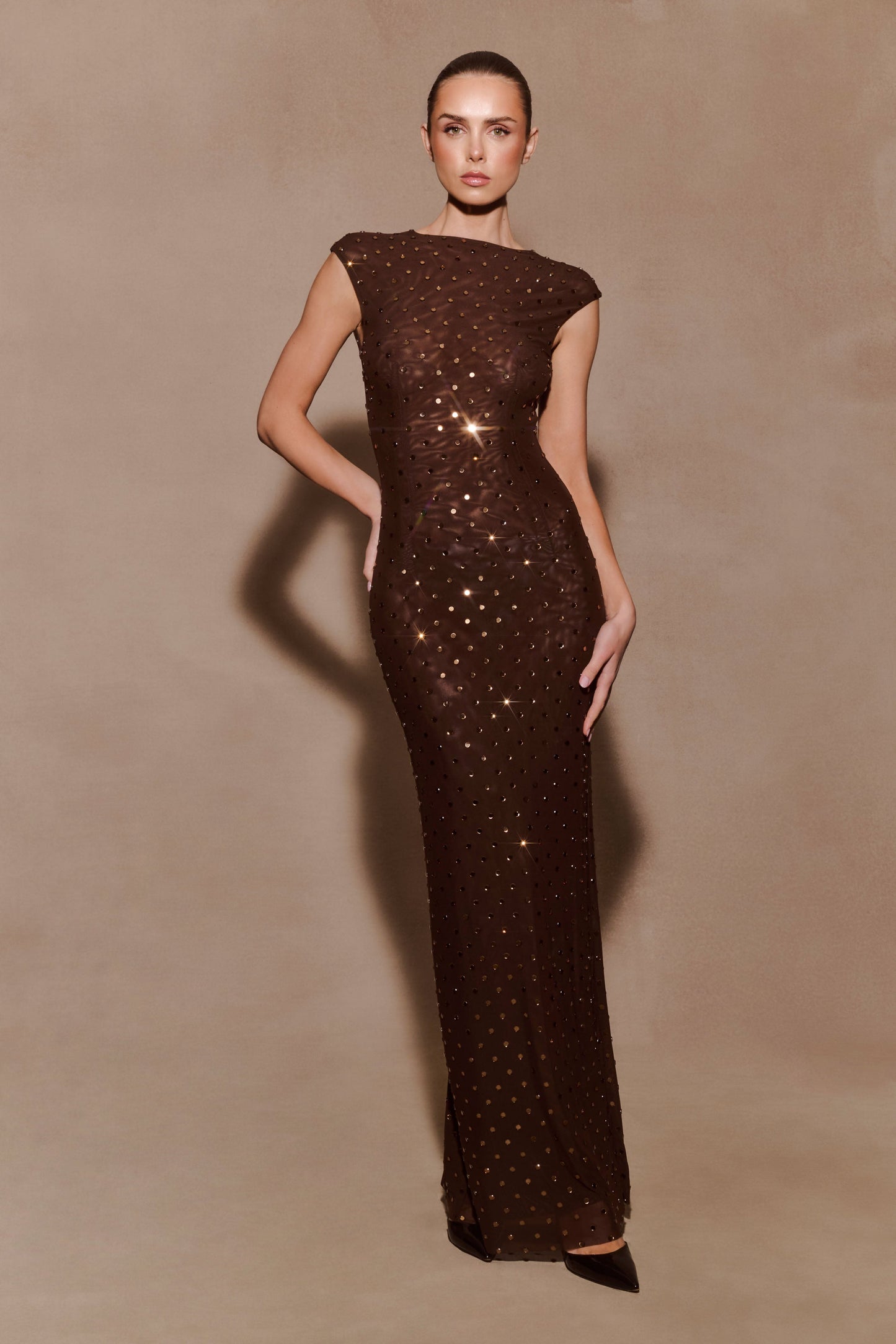 Samara Sleeveless Diamante Maxi Dress - Chocolate