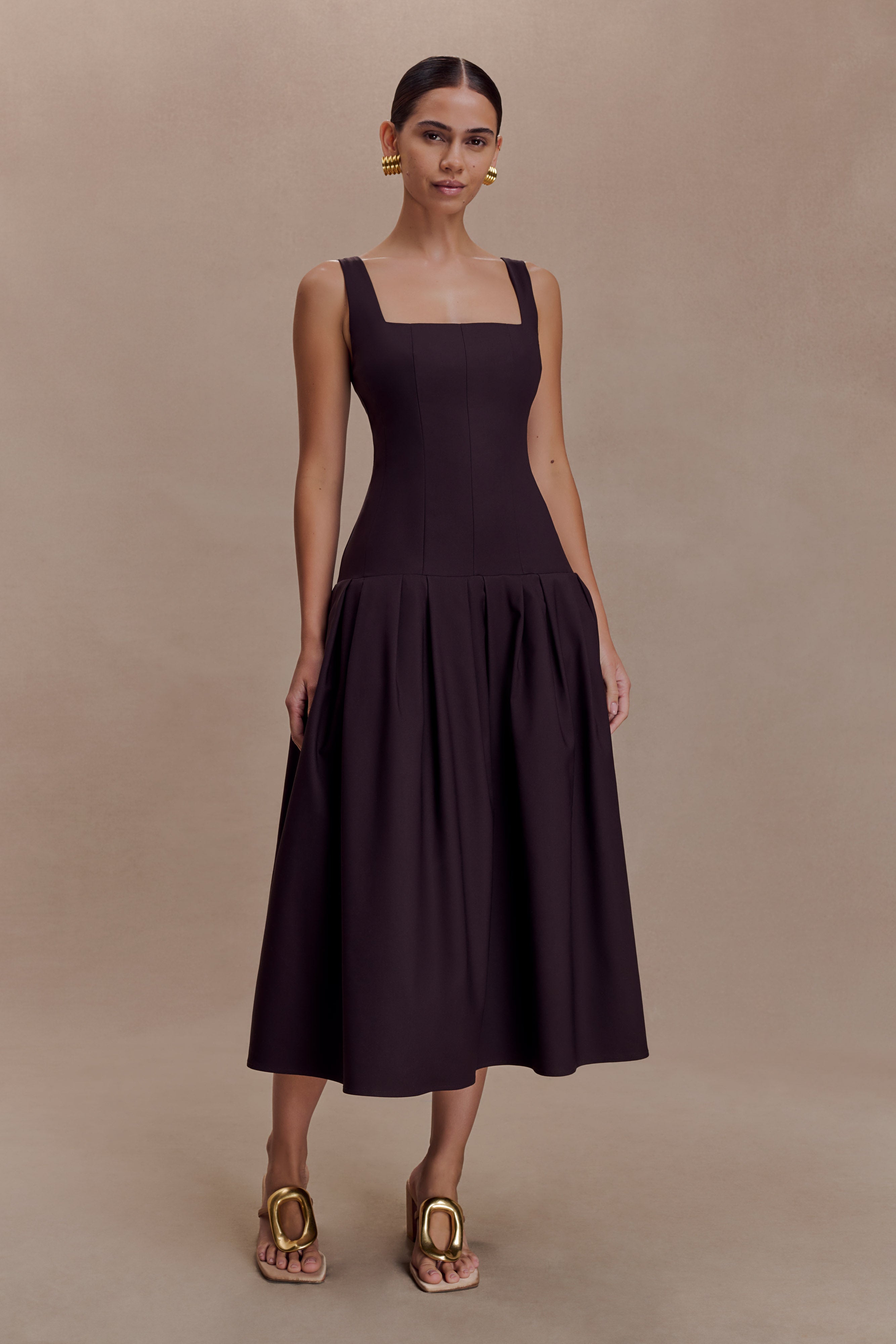 Natascha Drop Waist Cotton Midi Dress / Chocolate | Meshki | Xs
