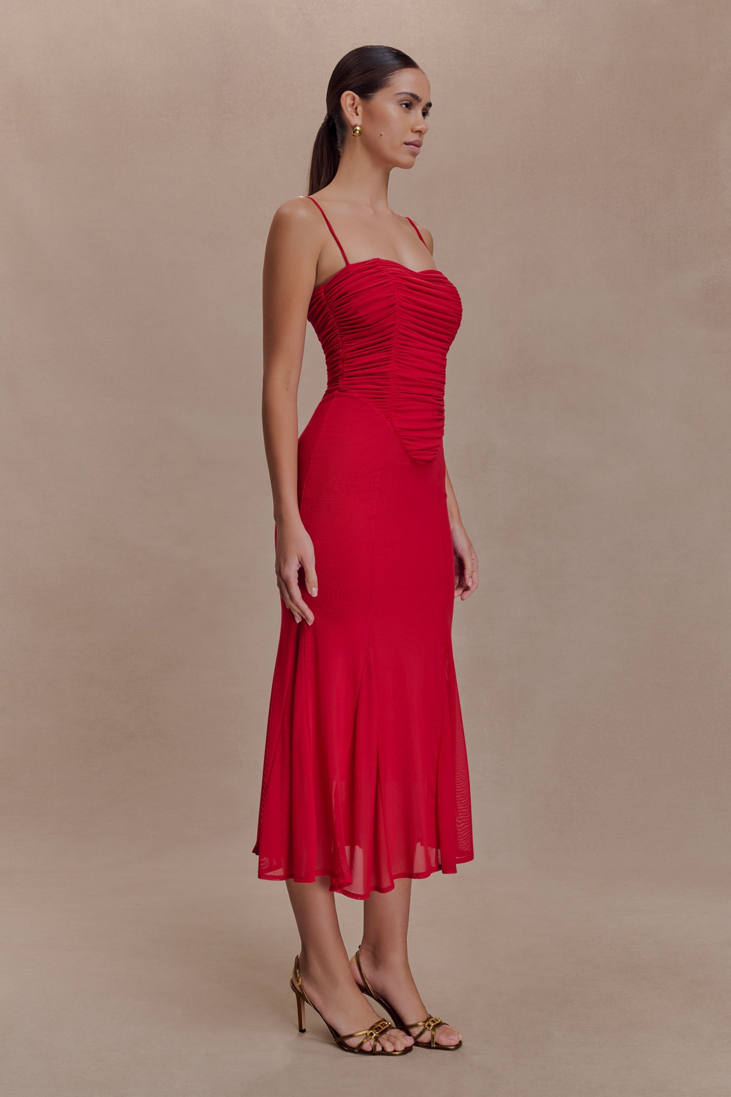 Willa Gathered Mesh Midi Dress - Ruby Red