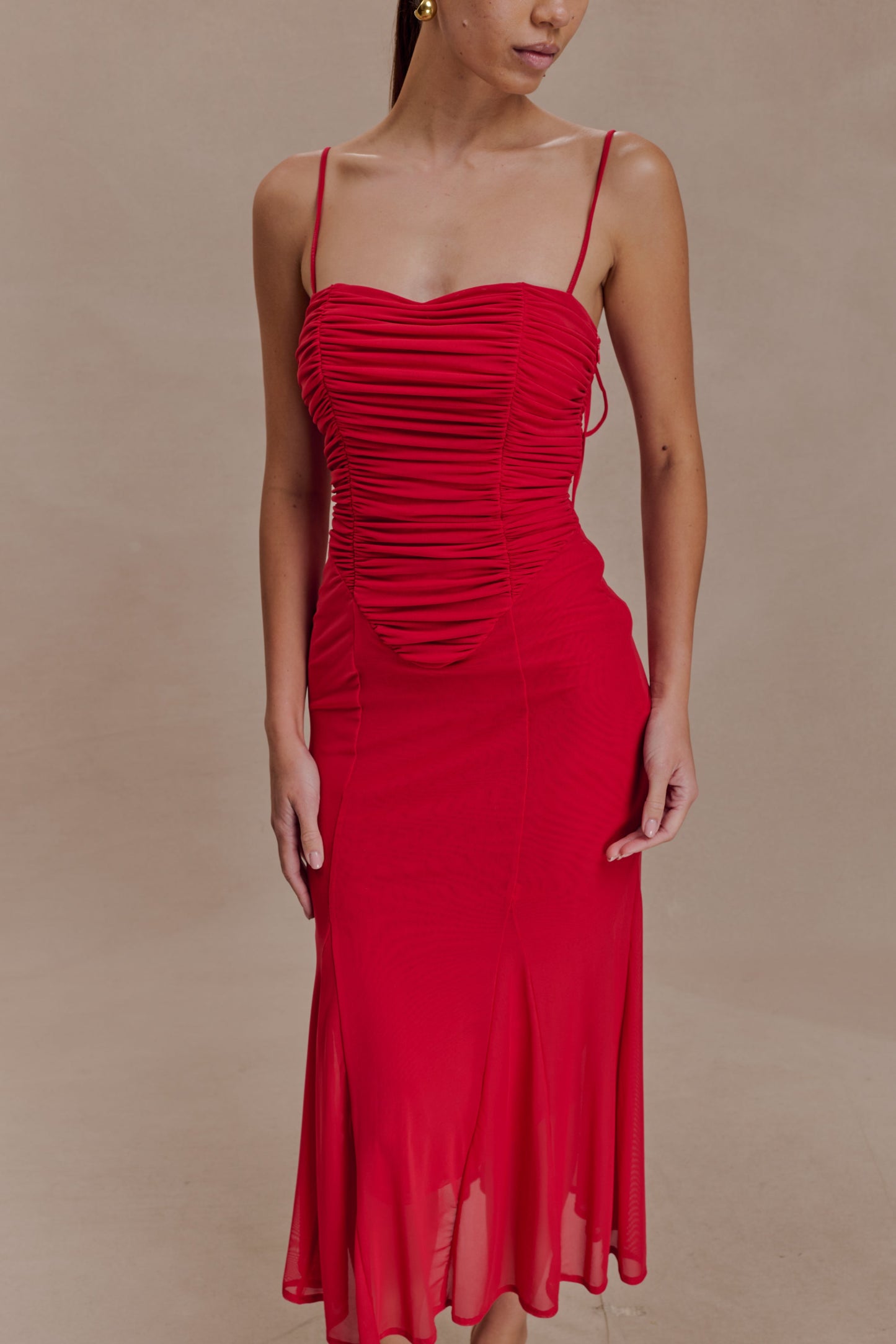 Willa Gathered Mesh Midi Dress - Ruby Red