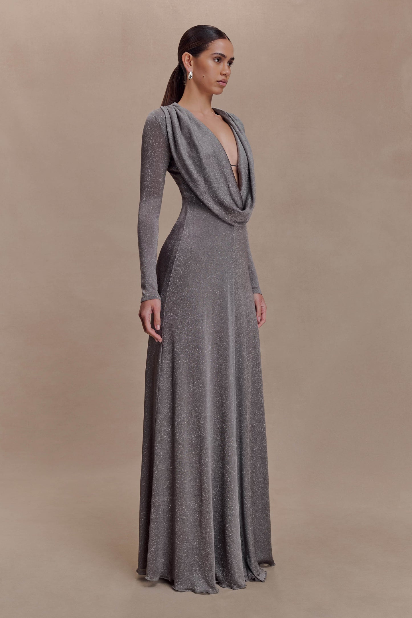 Scarlet Lurex Cowl Maxi Dress - Silver