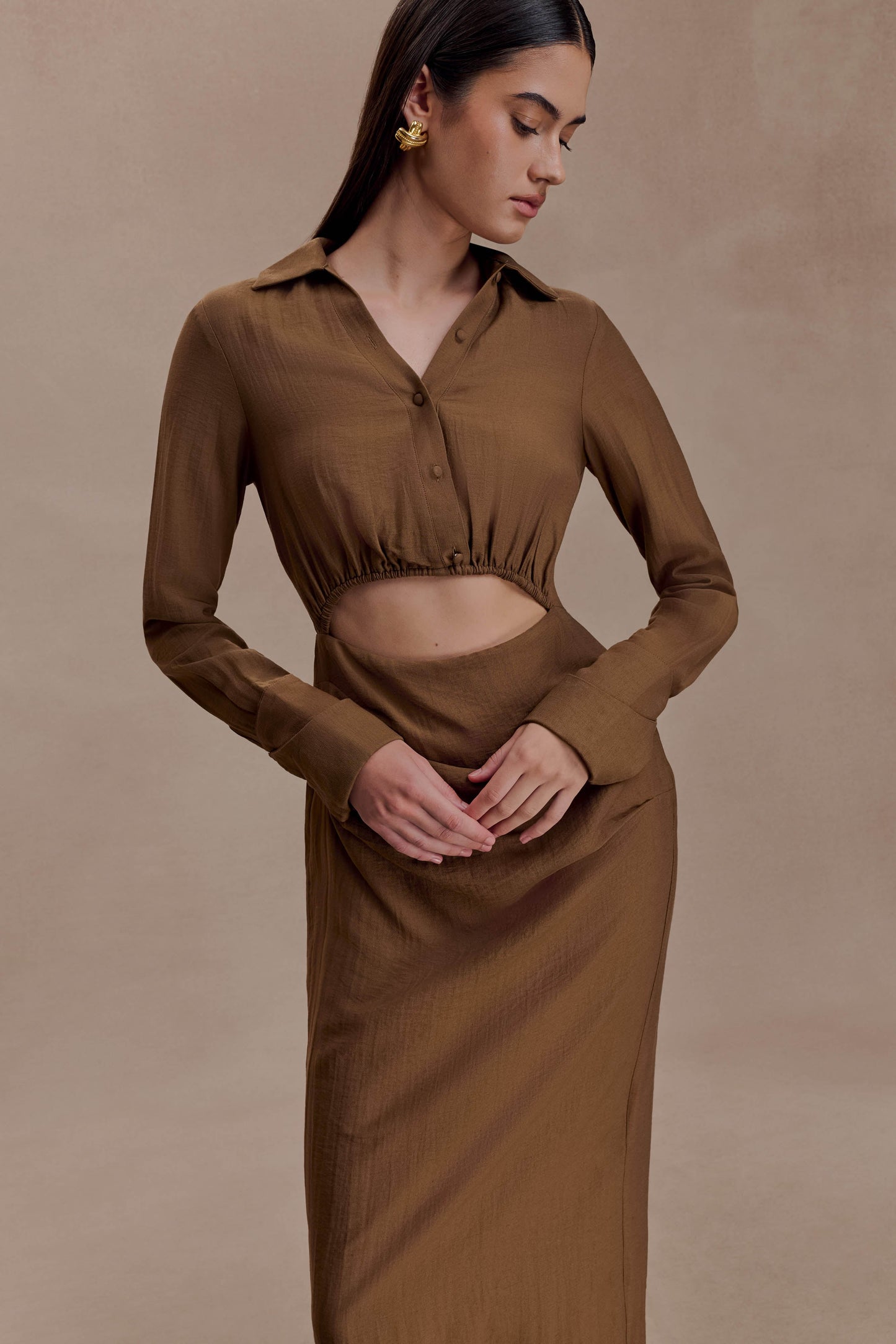 Cecilie Cut Out Shirt Midi Dress - Dark Chocolate