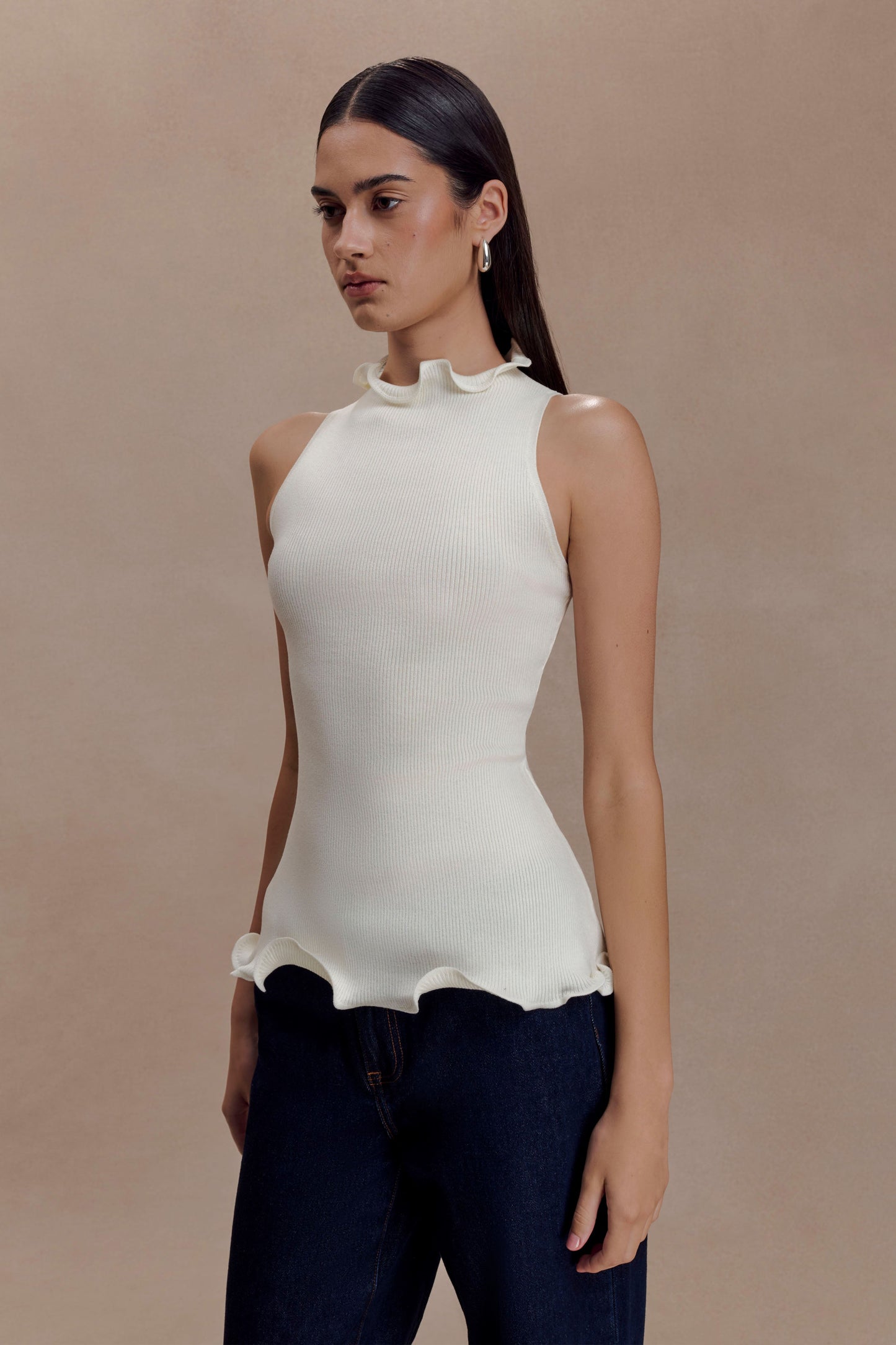 Diya Ribbed Sleeveless Top With Wire Hem - Ivory