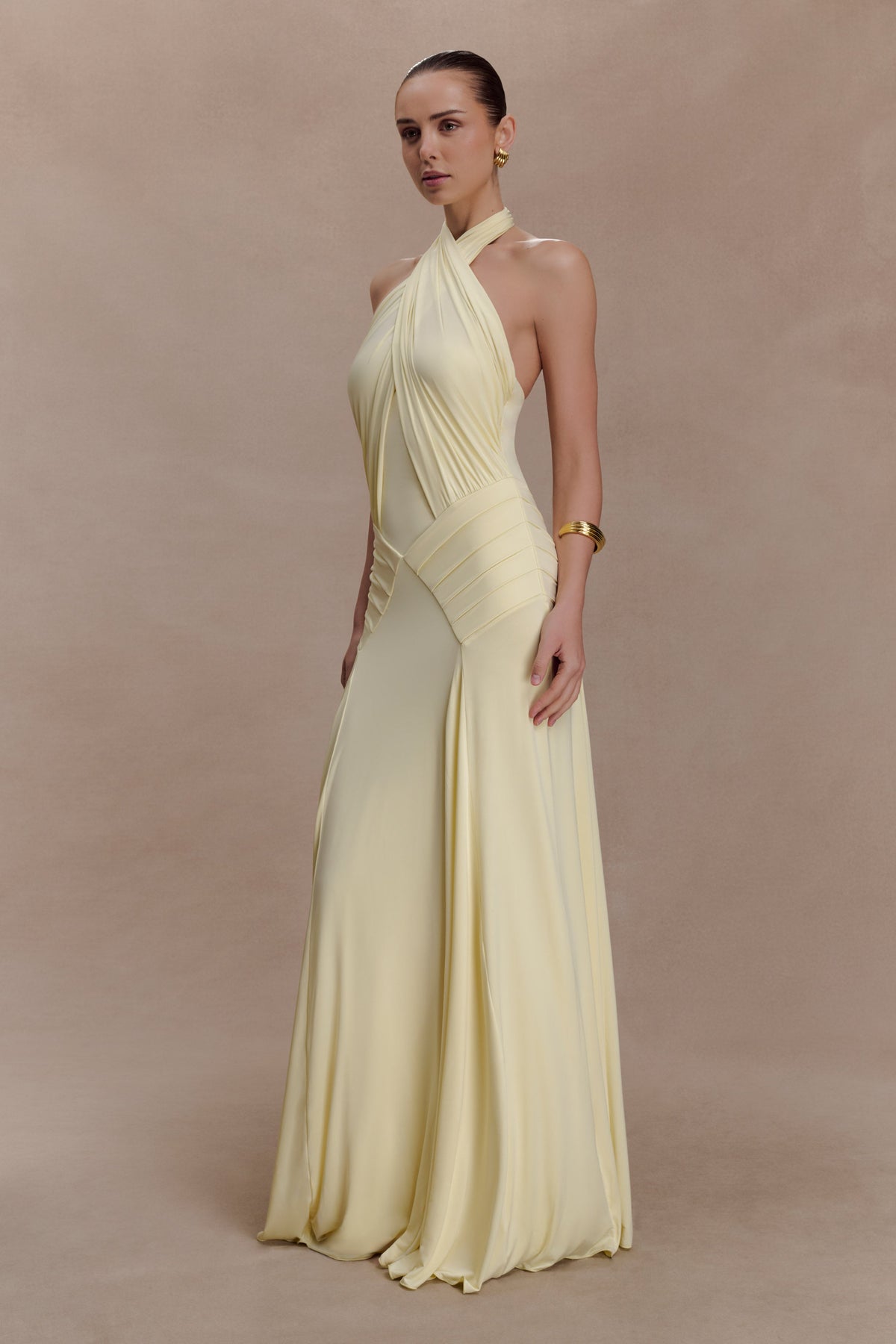 Indira Gathered Slinky Halter Maxi Dress - Lemon