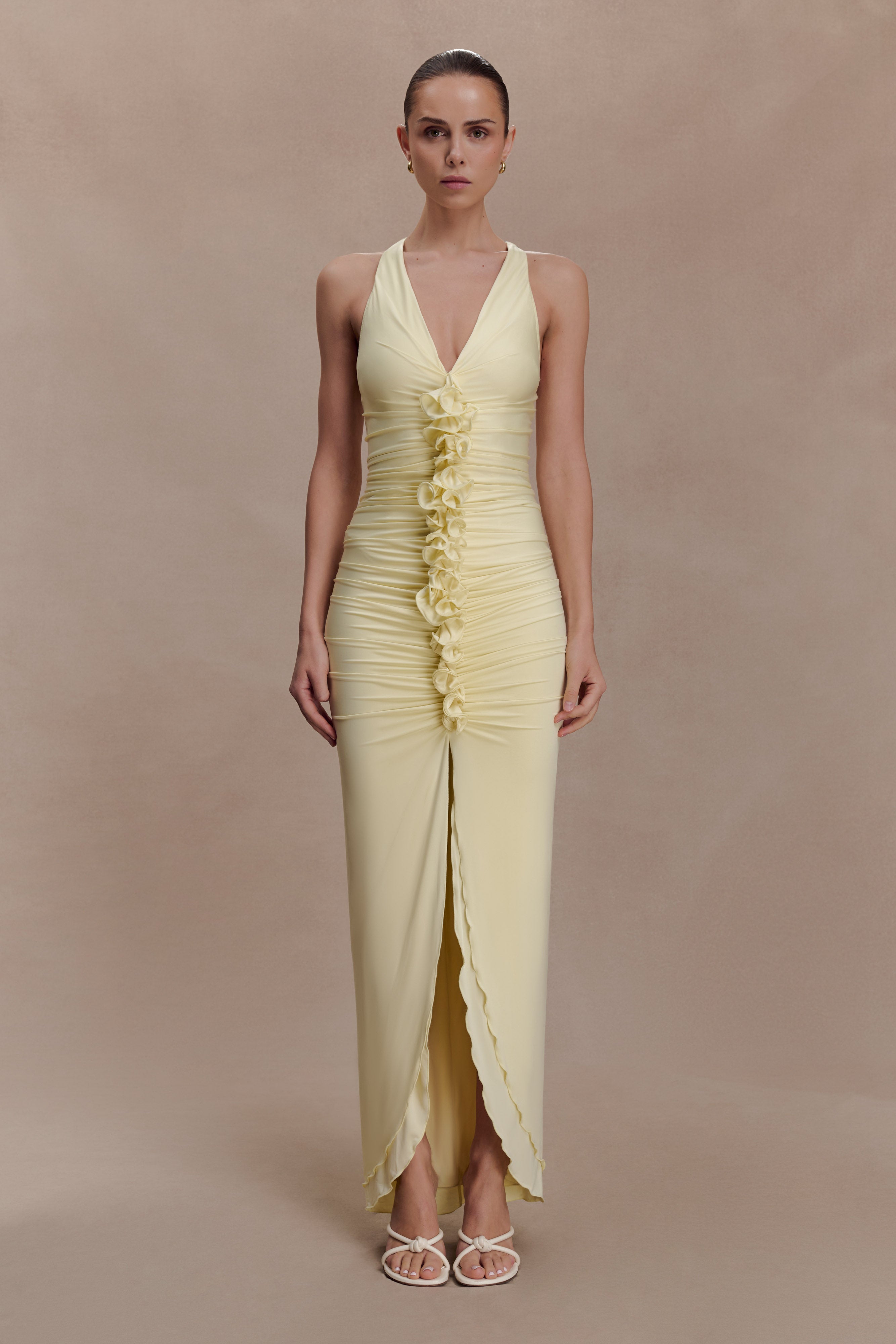 Alessandra Slinky Ruffle Maxi Dress / Lemon | MESHKI