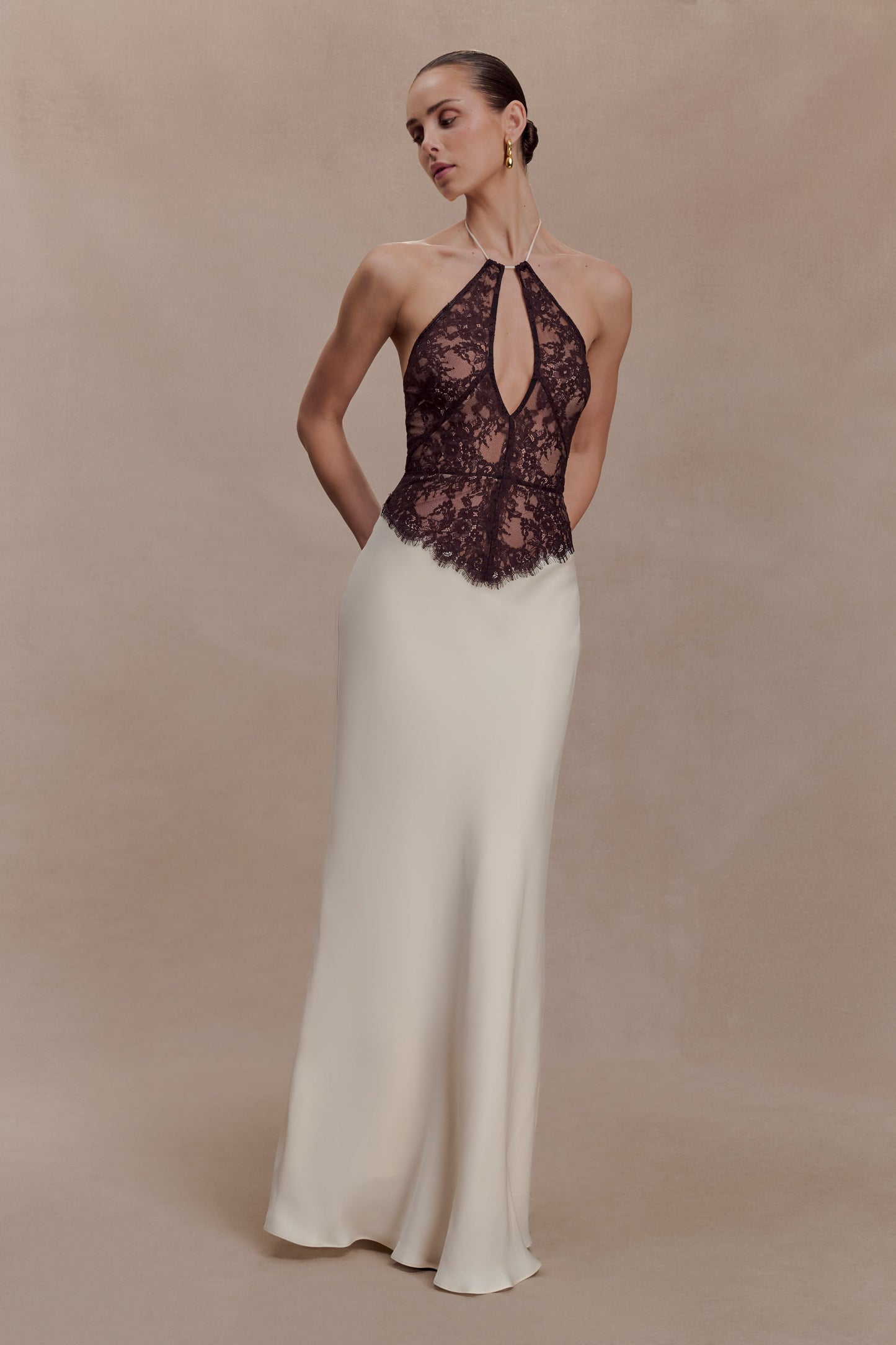 Sascha Lace And Satin Halter Maxi Dress - Ivory/Chocolate