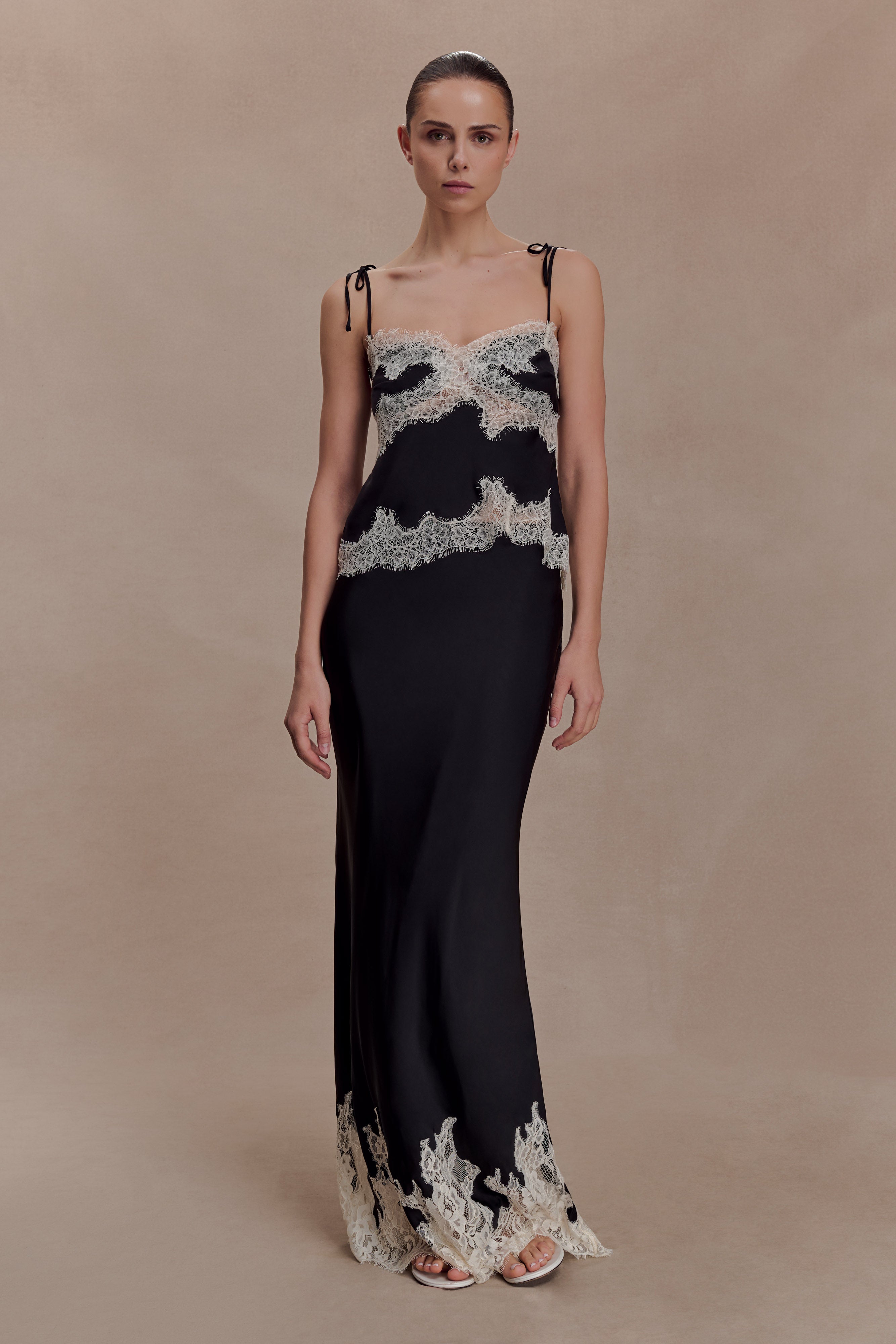 dress with lace skirt Nina Satin And Maxi / Black/Ivory | MESHKI Calvin Klein Women's Blue bride dress watch Shown in Ivory Color:Metallic Teal