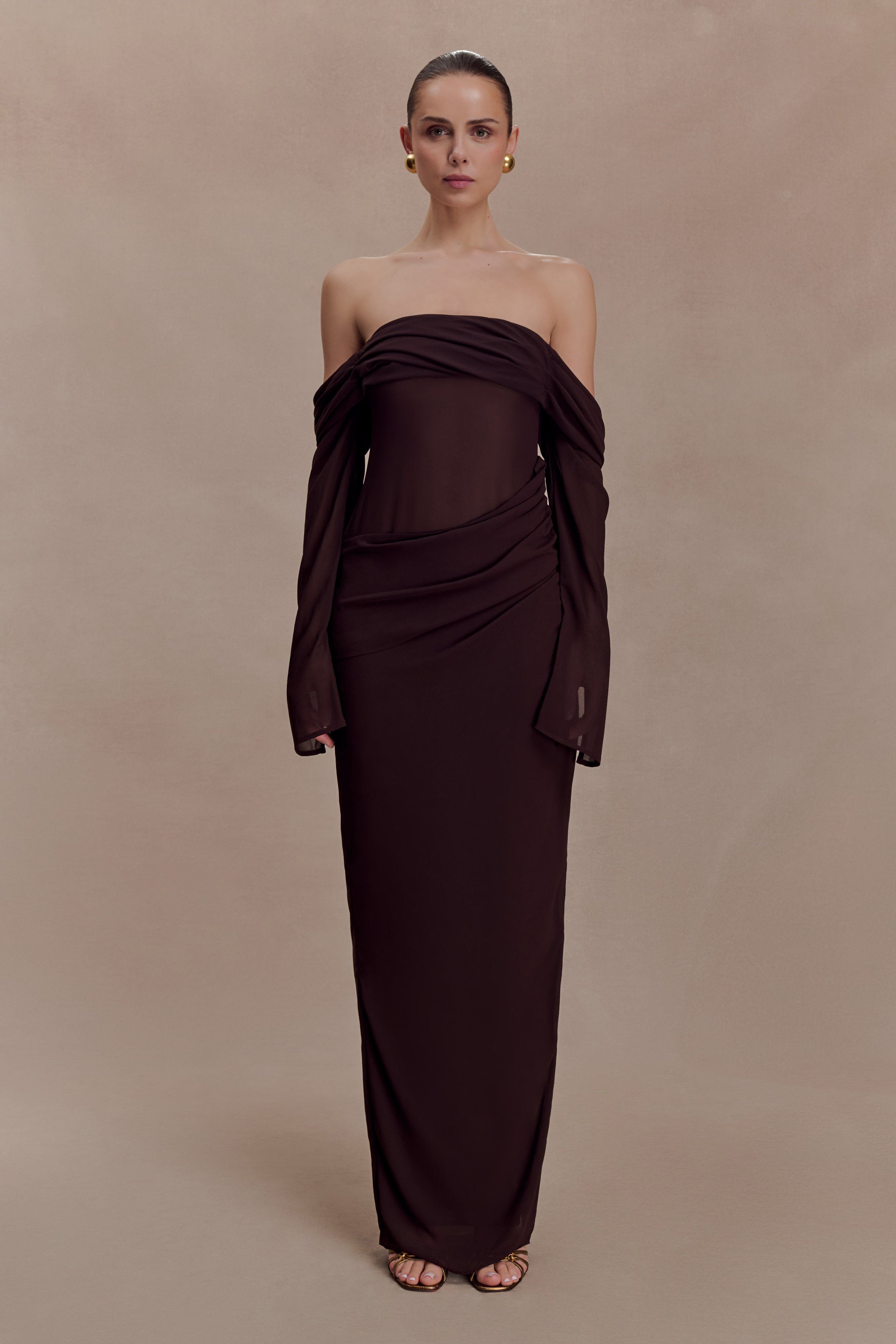 Kirsten Off Shoulder Chiffon Maxi Dress - Cacao Brown | MESHKI US