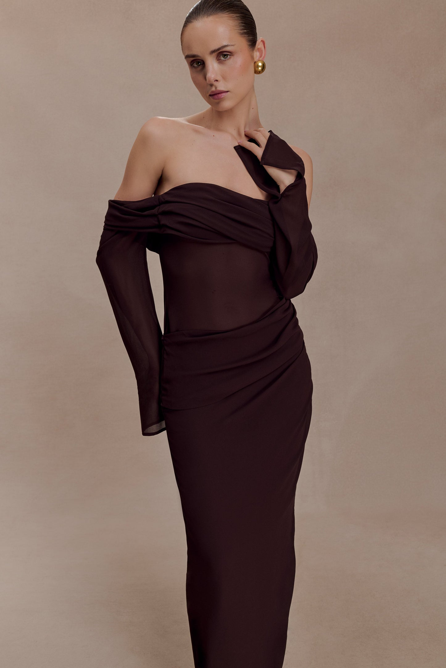 Kirsten Off Shoulder Chiffon Maxi Dress - Cacao Brown