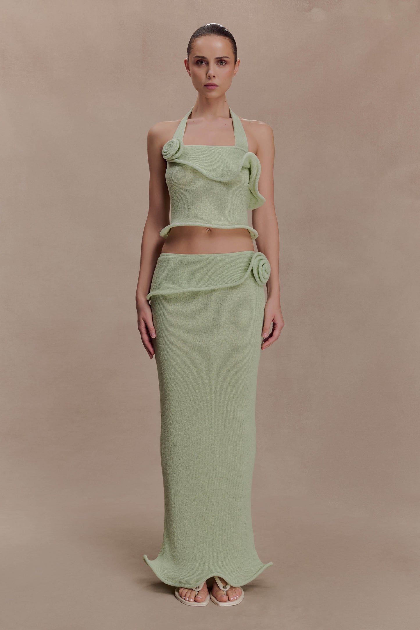 Samira Halter Knit Twist Top - Pastel Green
