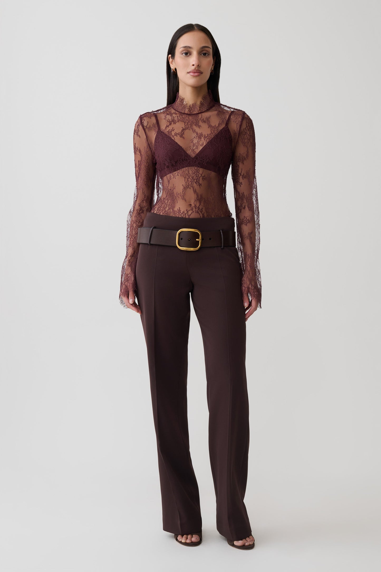 Alizette High Neck Long Sleeve Lace Top - Burgundy