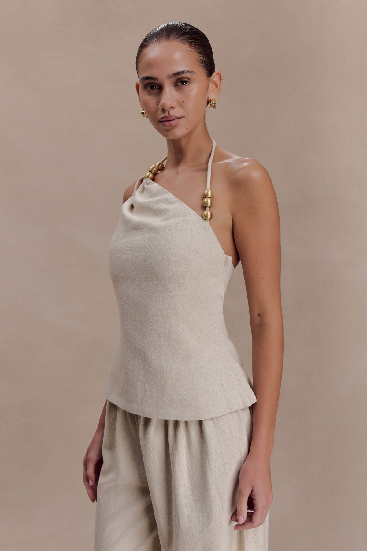 Gabby Asymmetrical Neckline Linen Beaded Top - Natural