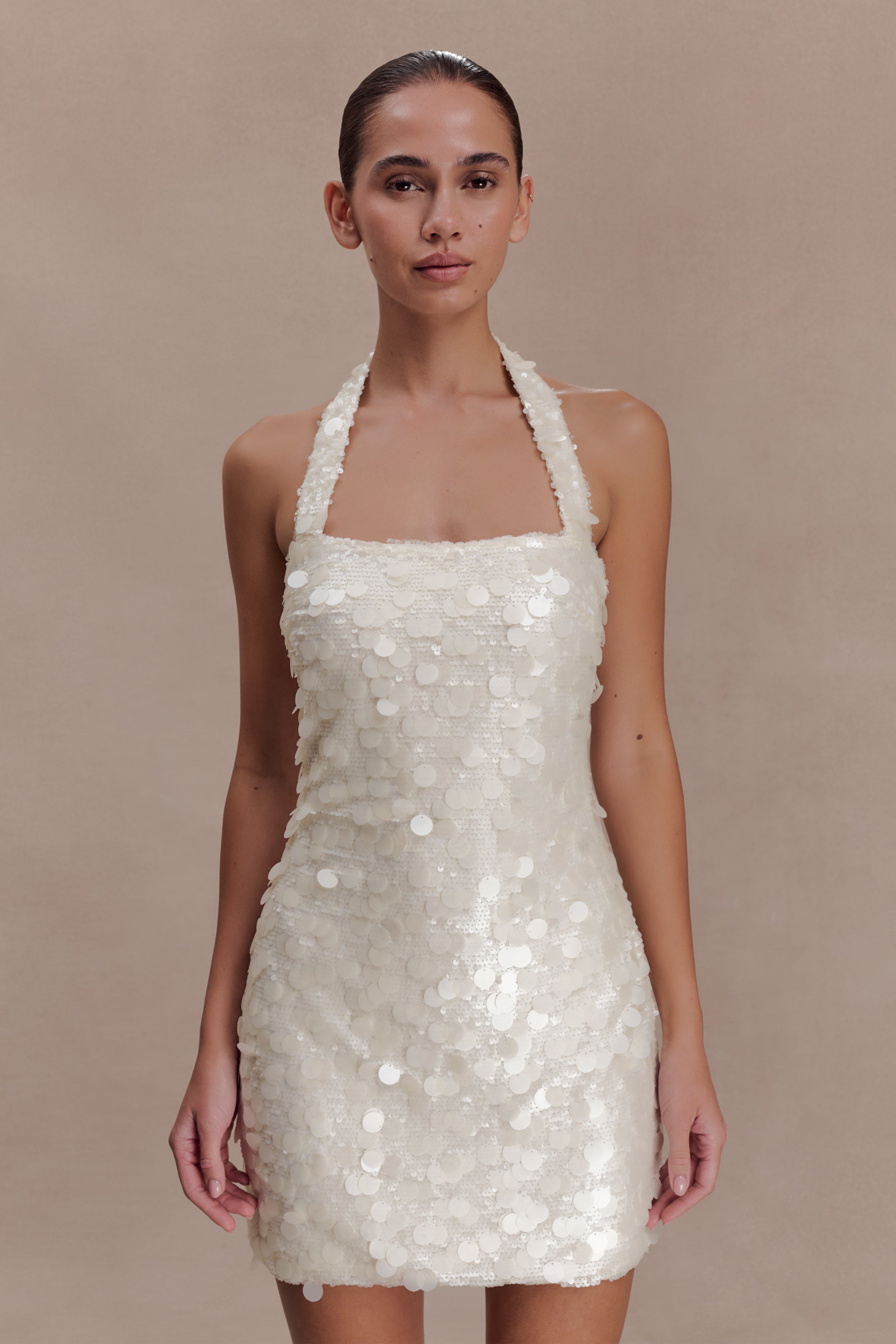 Caralee Sequin Halter Mini Dress - Ivory | MESHKI US Caralee Sequin Halter Mini Dress - Ivory | MESHKI US