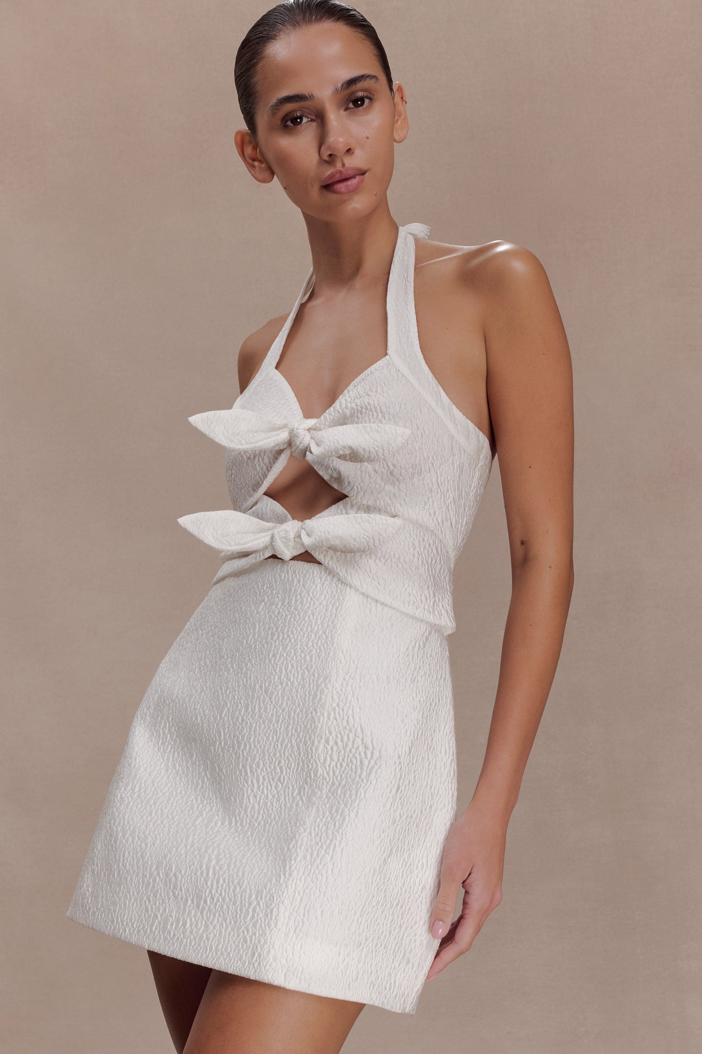 Ella Bow Detail Halter Mini Dress - White