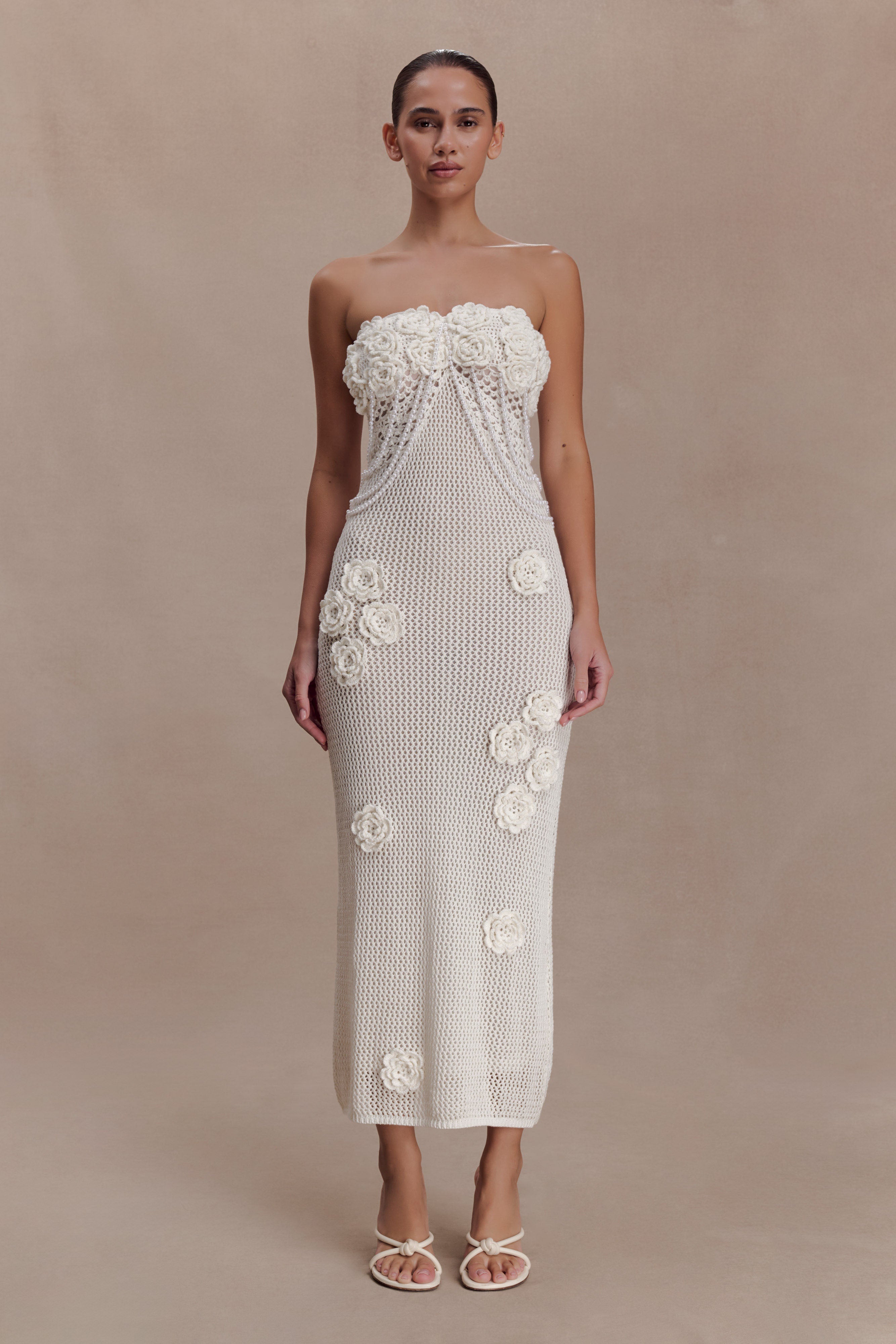 MESHKI Samantha Crochet Midi Dress With Flowers - Ivory