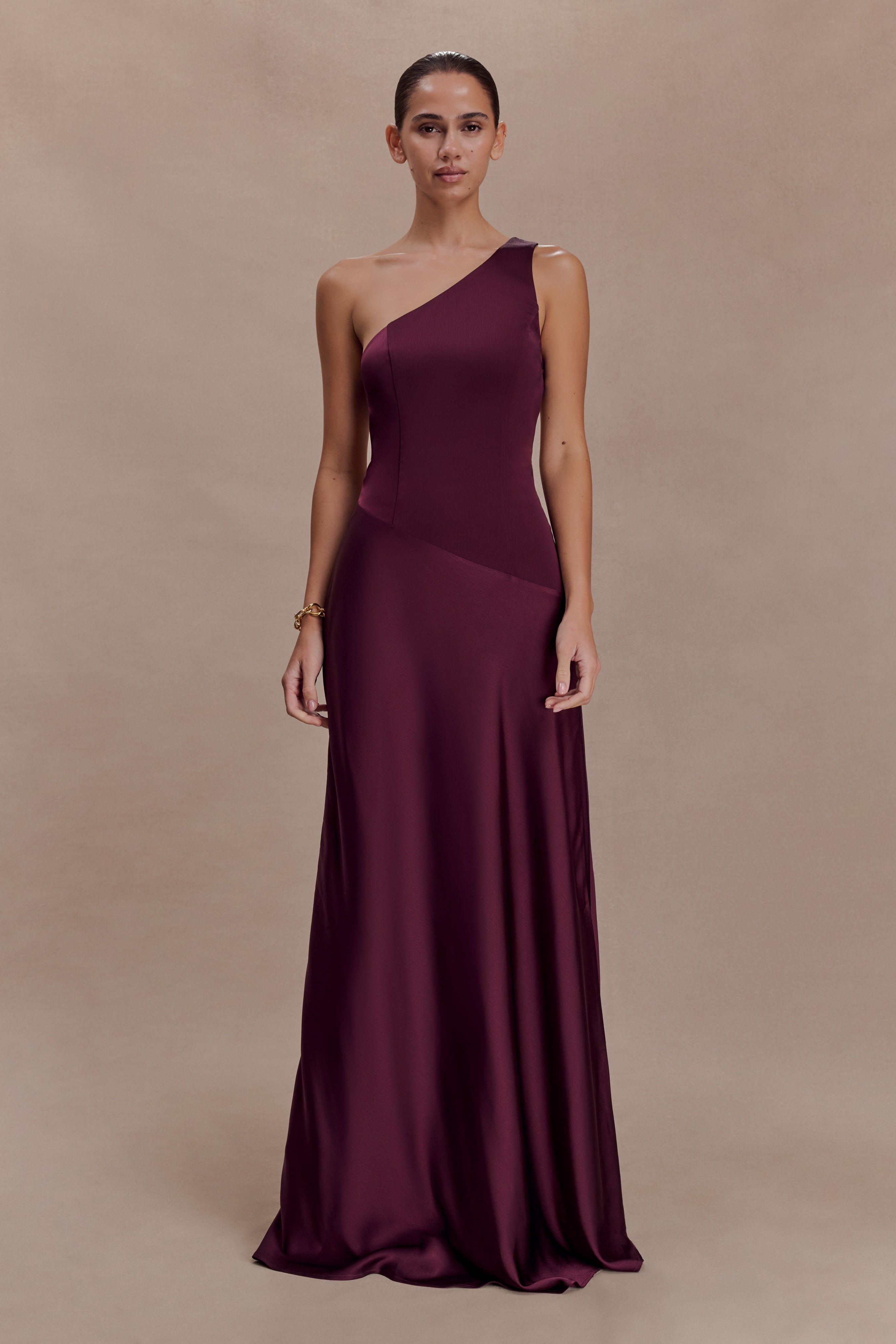 Lyla Asymmetrical Satin Maxi Dress - Plum | MESHKI US Lyla Asymmetrical Satin Maxi Dress - Plum | MESHKI US
