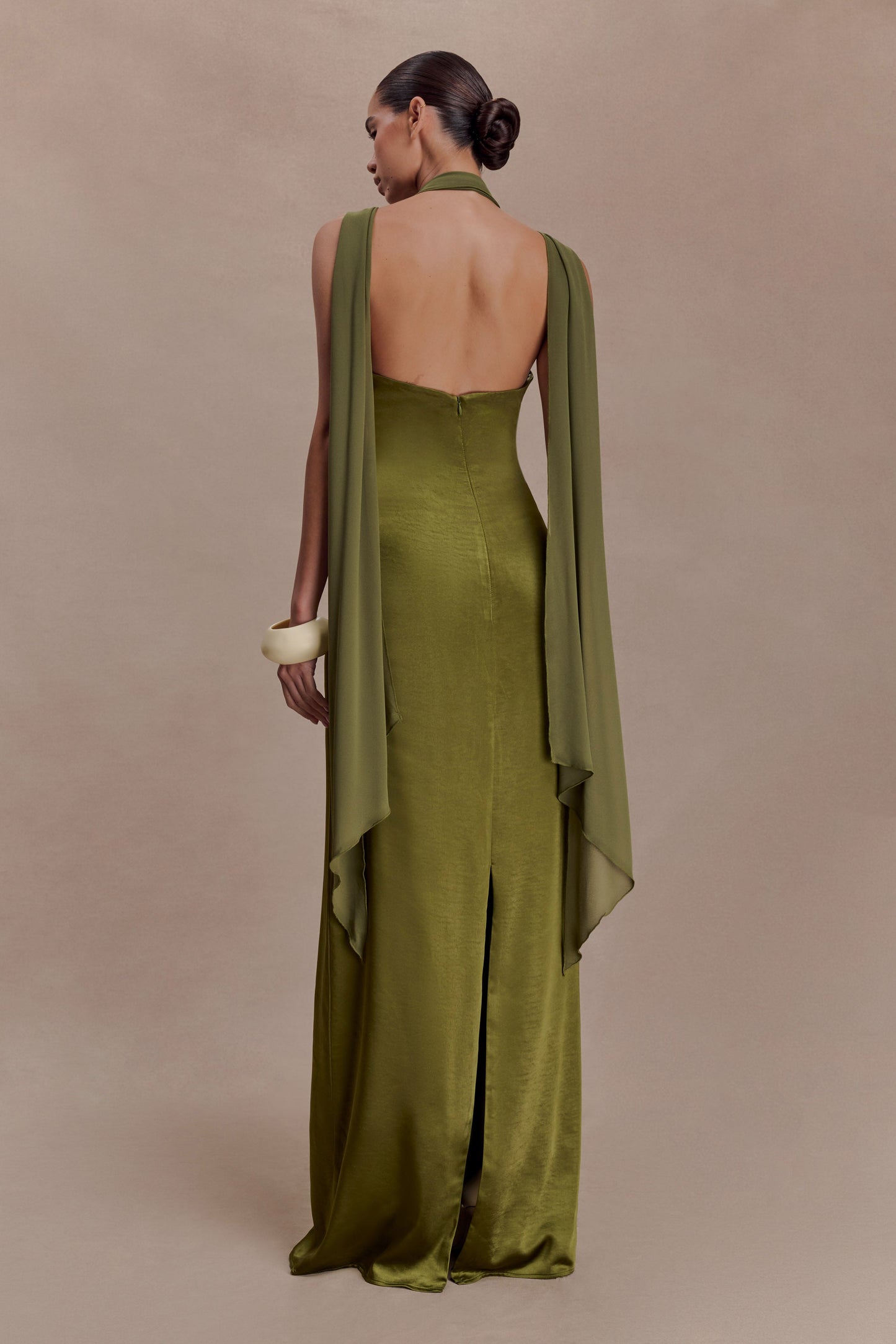 Myla Draped Shoulders Satin Maxi Dress - Khaki