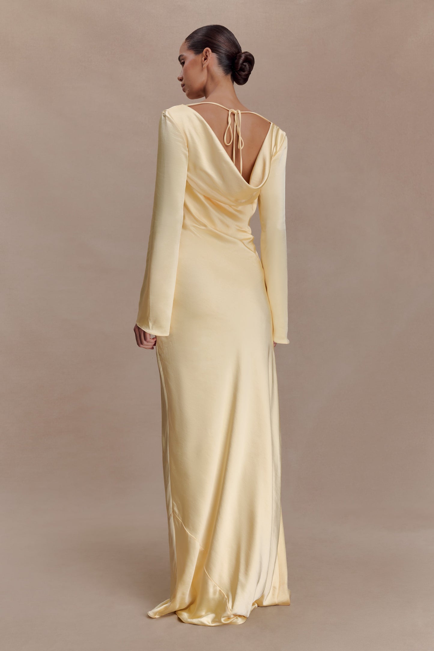 Eliza Long Sleeve Cowl Lace And Satin Maxi Dress - Lemon