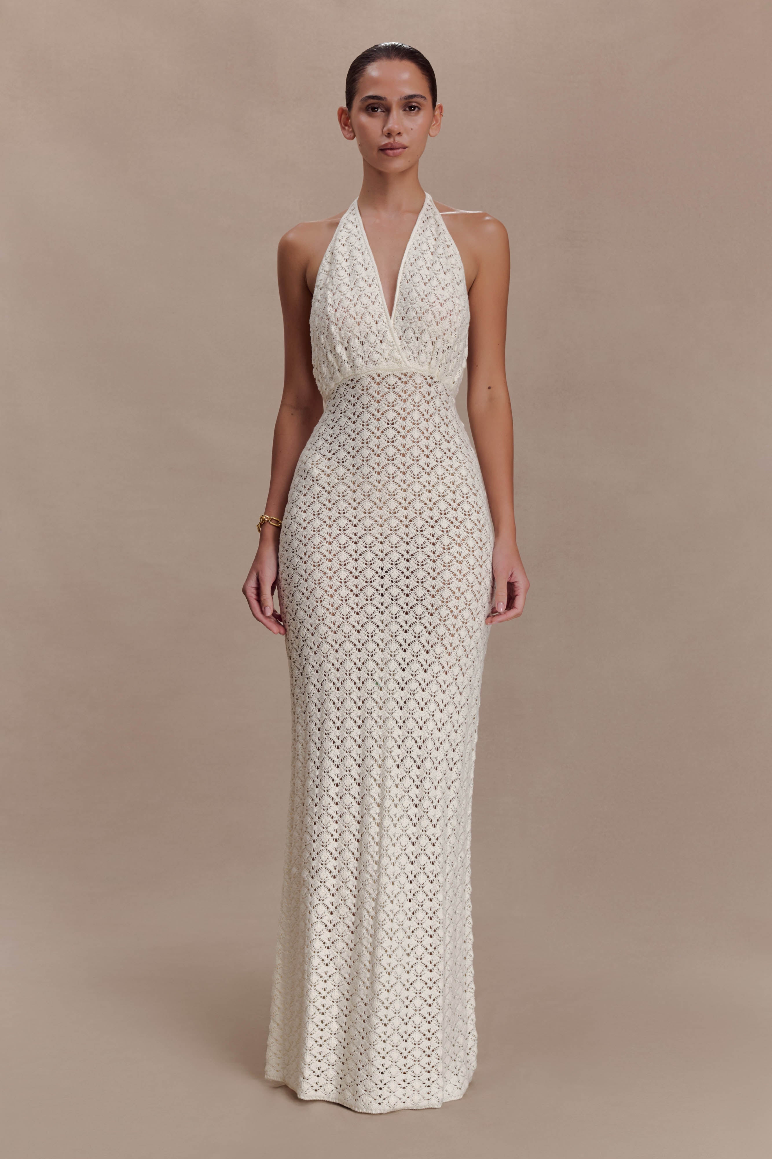 Deeliah Halterneck Crochet Maxi Dress / Ivory | MESHKI