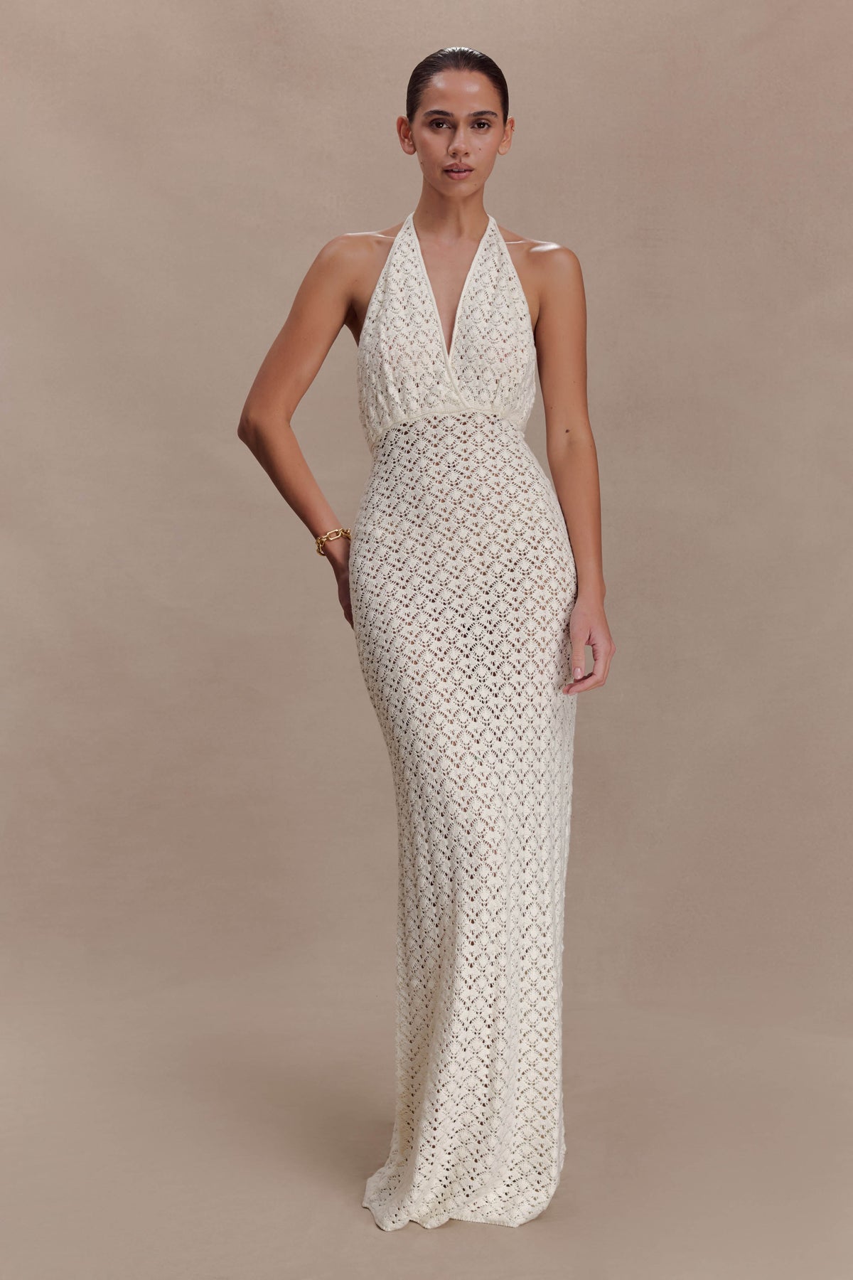 Deeliah Halterneck Crochet Maxi Dress - Ivory