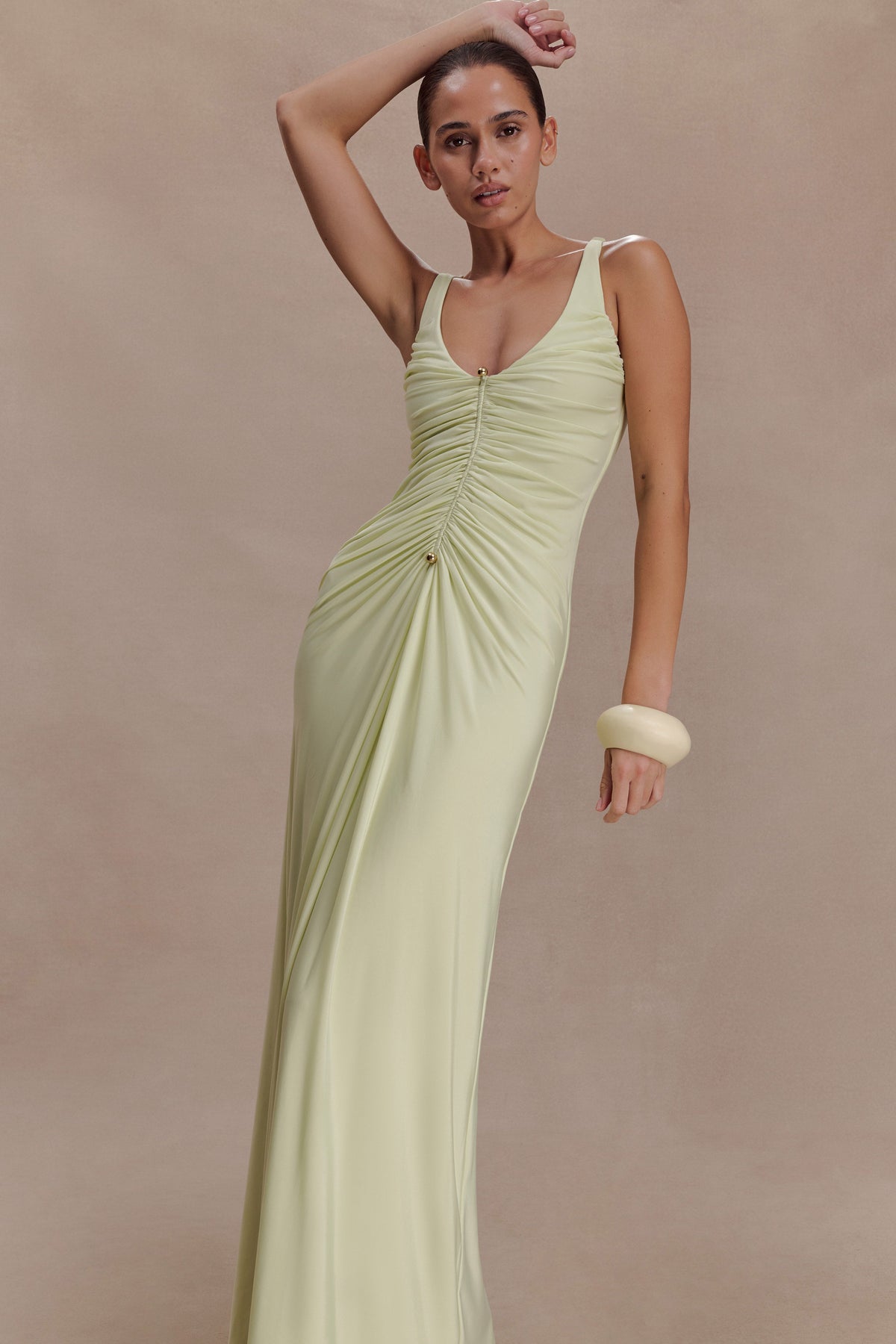 Perrie Slinky Ruched Maxi Dress - Pastel Lime