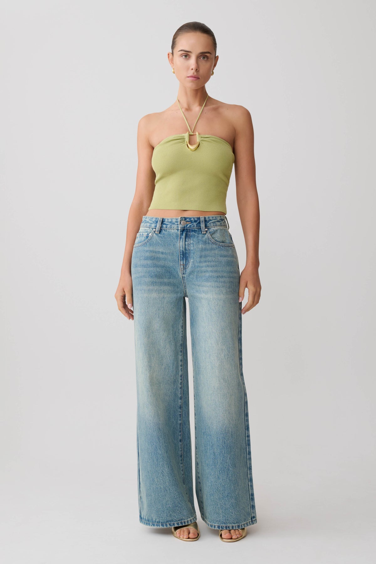Dimitri Knit Halter Top With Hardware - Light Olive