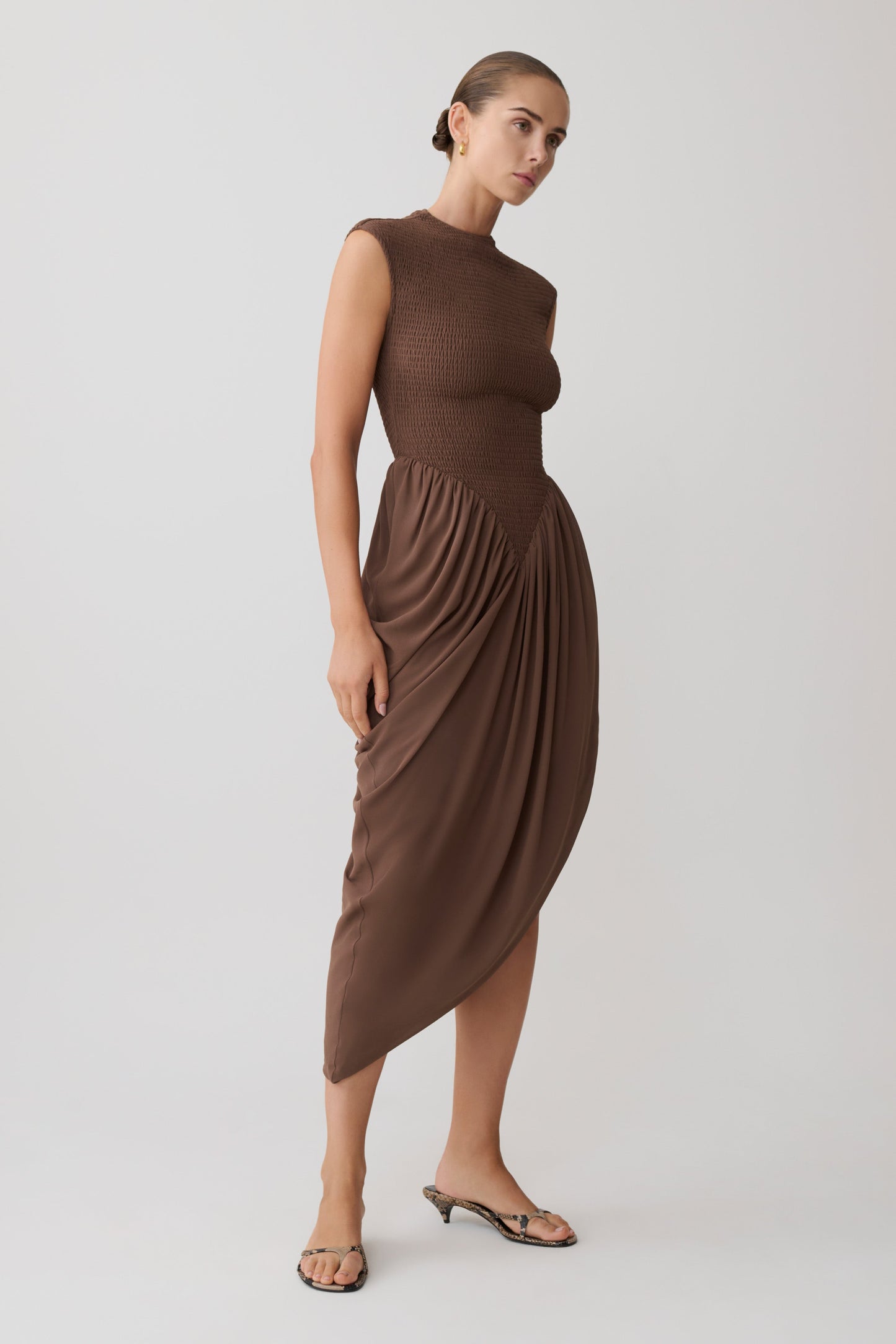 Nola Shirred Asymmetric Midi Dress - Mocha