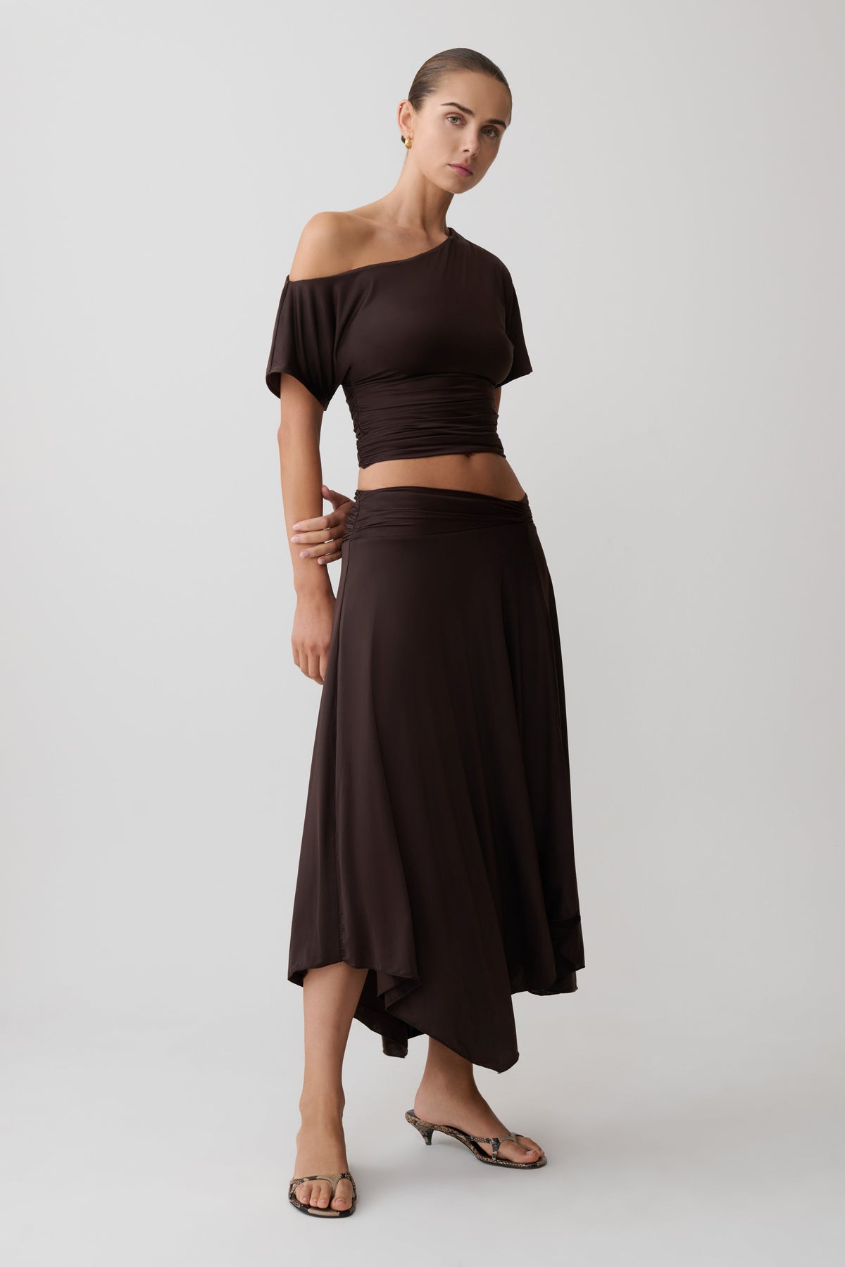 Luu Off Shoulder Slinky Top - Dark Chocolate