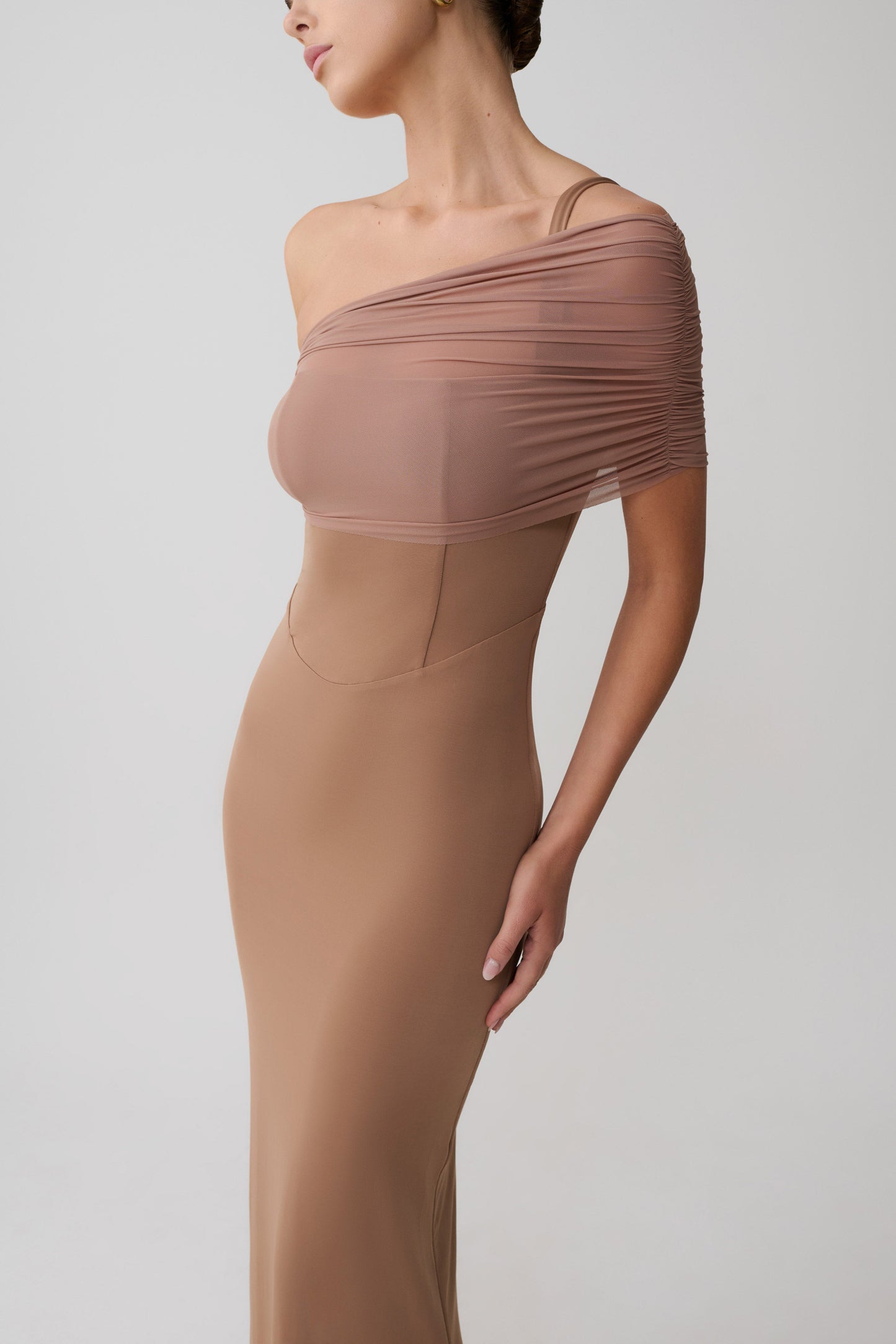 Hanh One Shoulder Mesh Maxi Dress - Tan