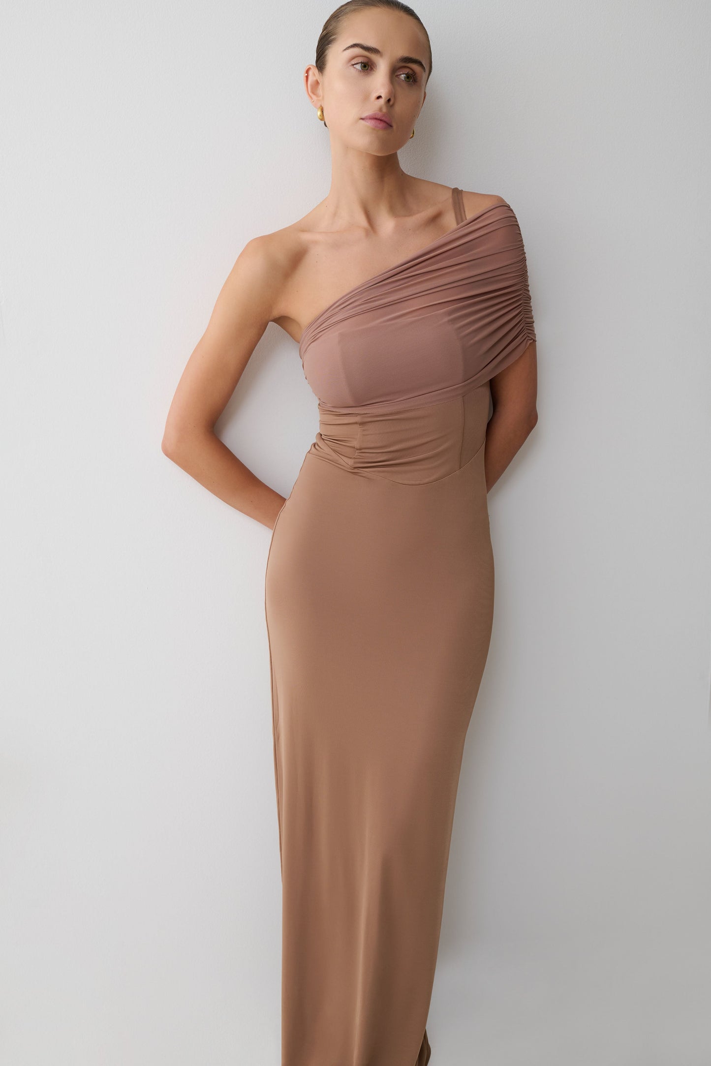 Hanh One Shoulder Mesh Maxi Dress - Tan