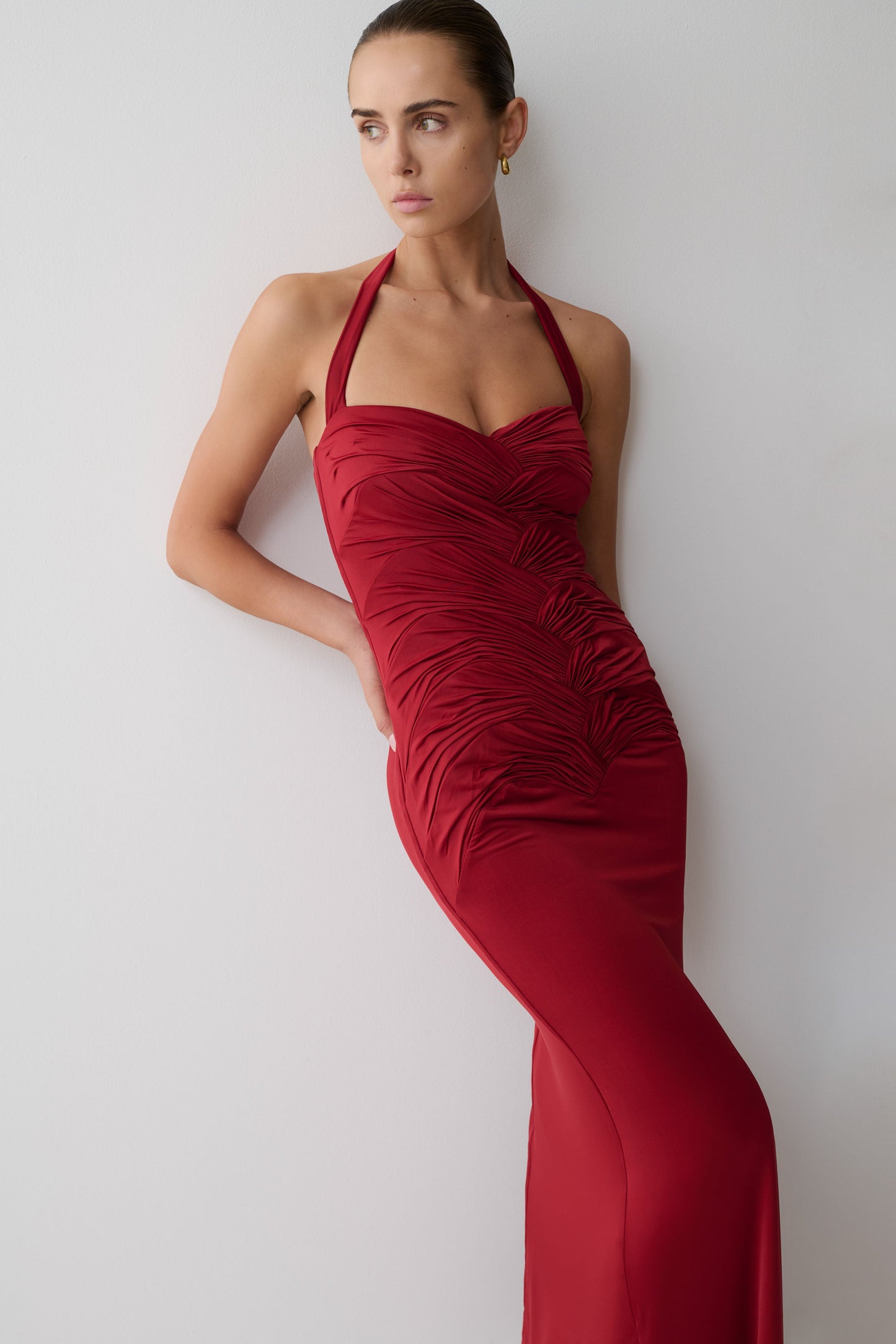Hoai Gathered Slinky Halter Maxi Dress - Deep Red