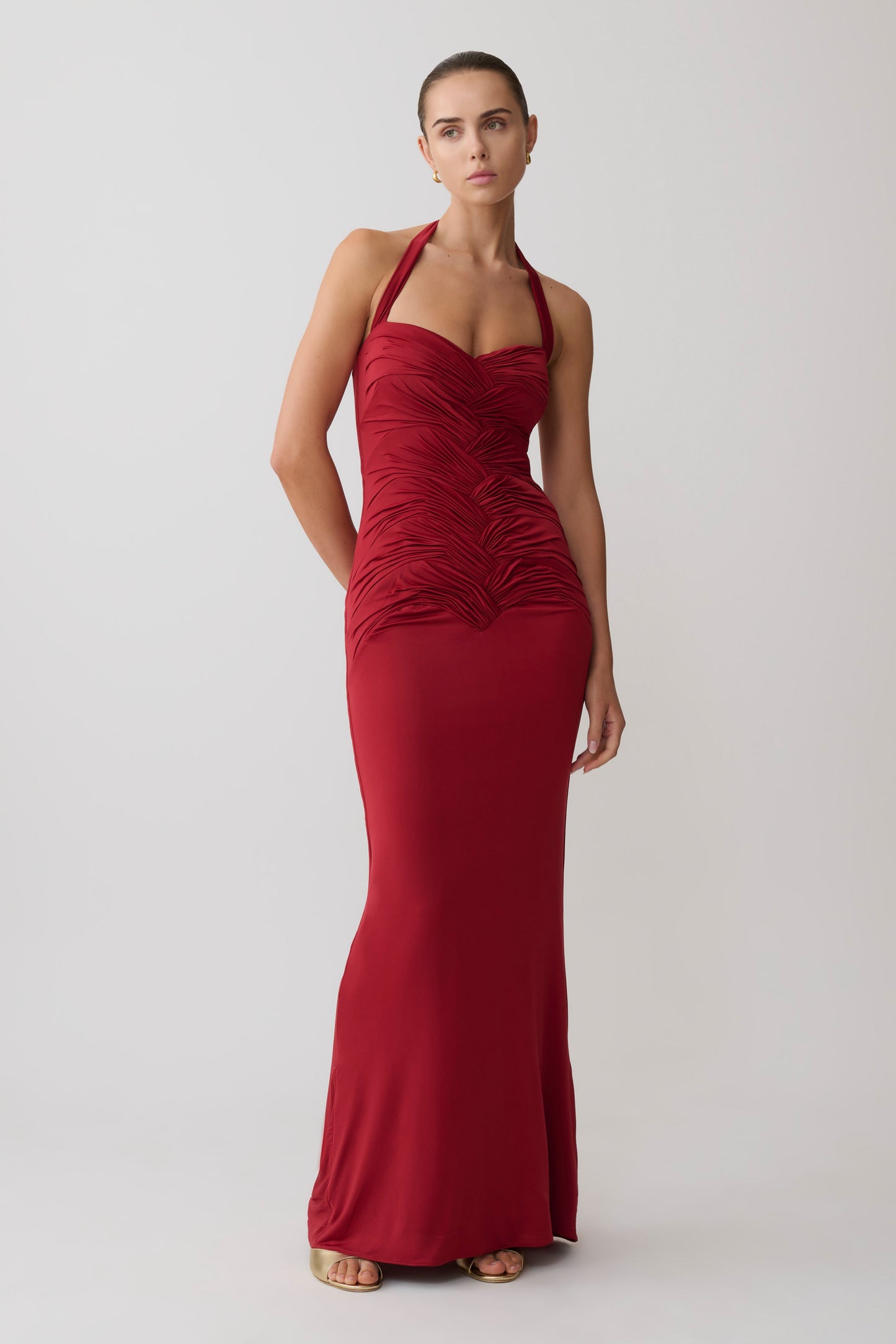 Hoai Gathered Slinky Halter Maxi Dress - Deep Red