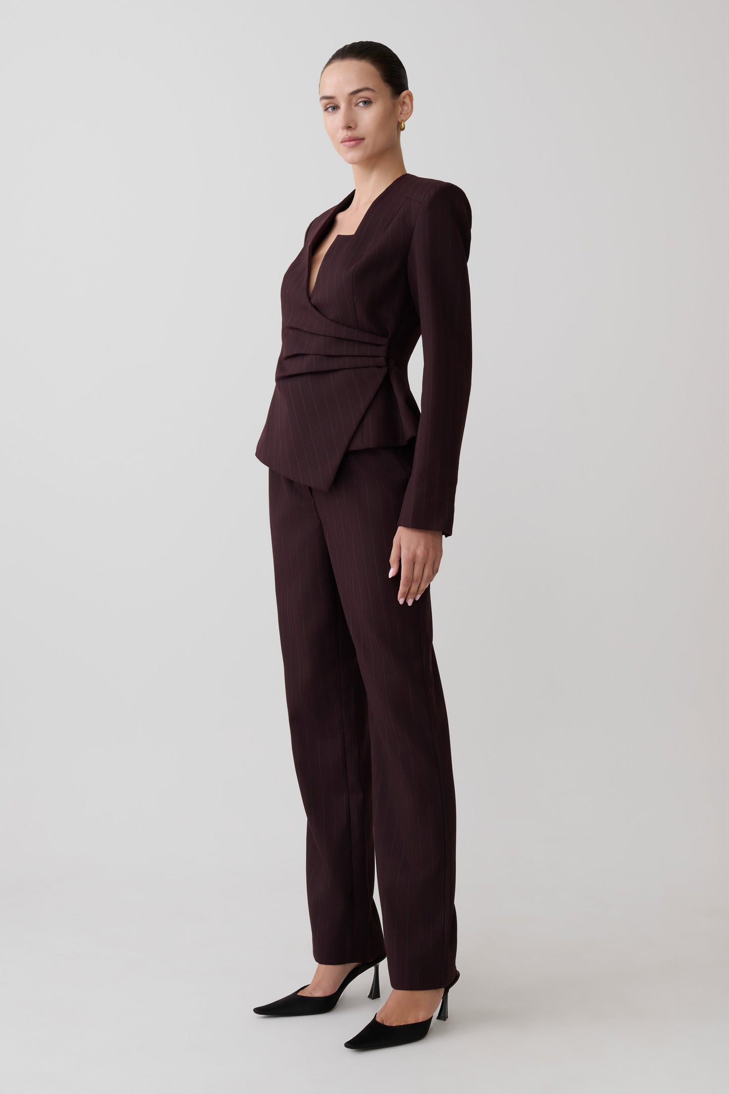 Agatha Straight Leg Suiting Pants - Plum Pinstripe