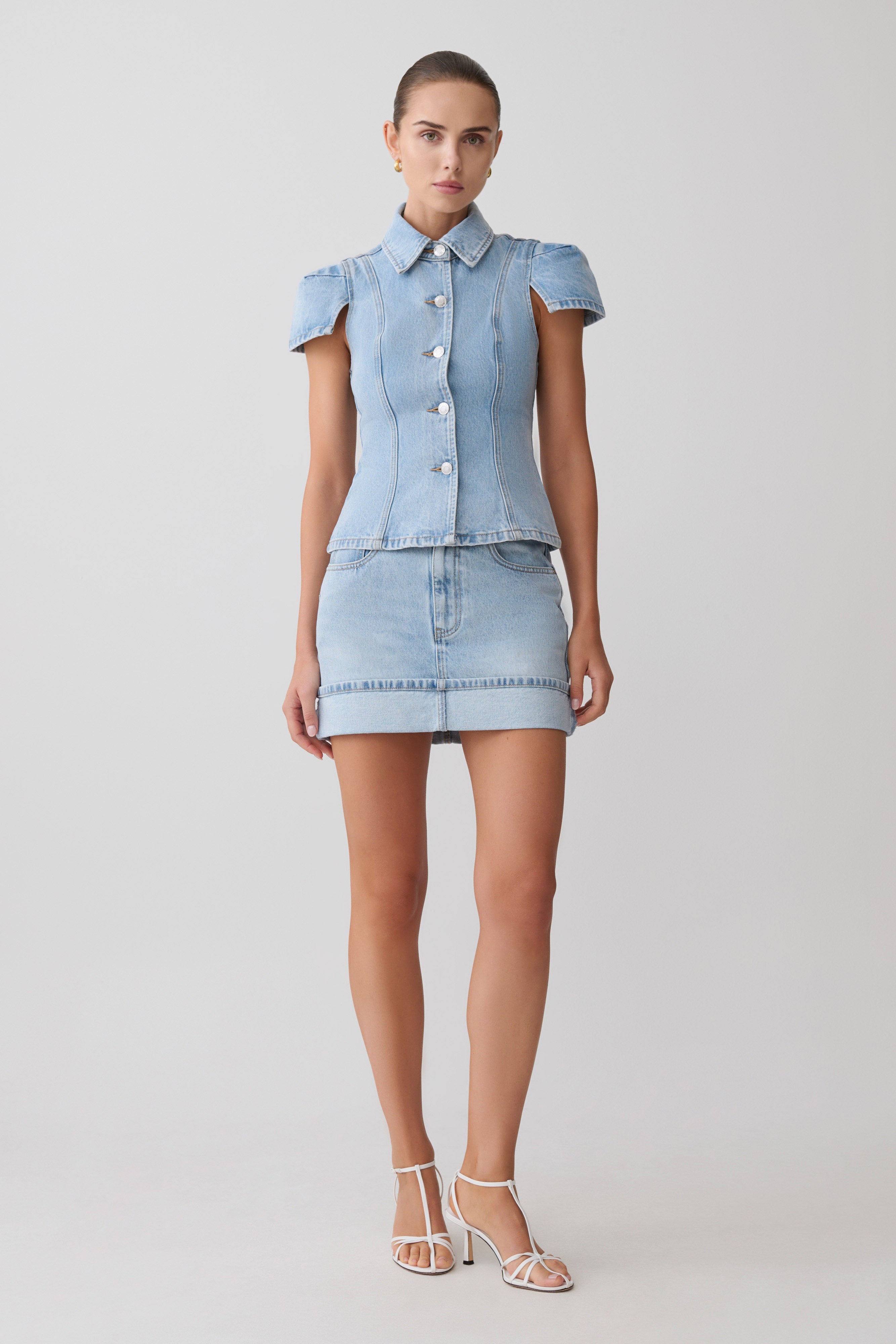 Bently Short Sleeve Denim Top - Washed Light Blue | MESHKI US