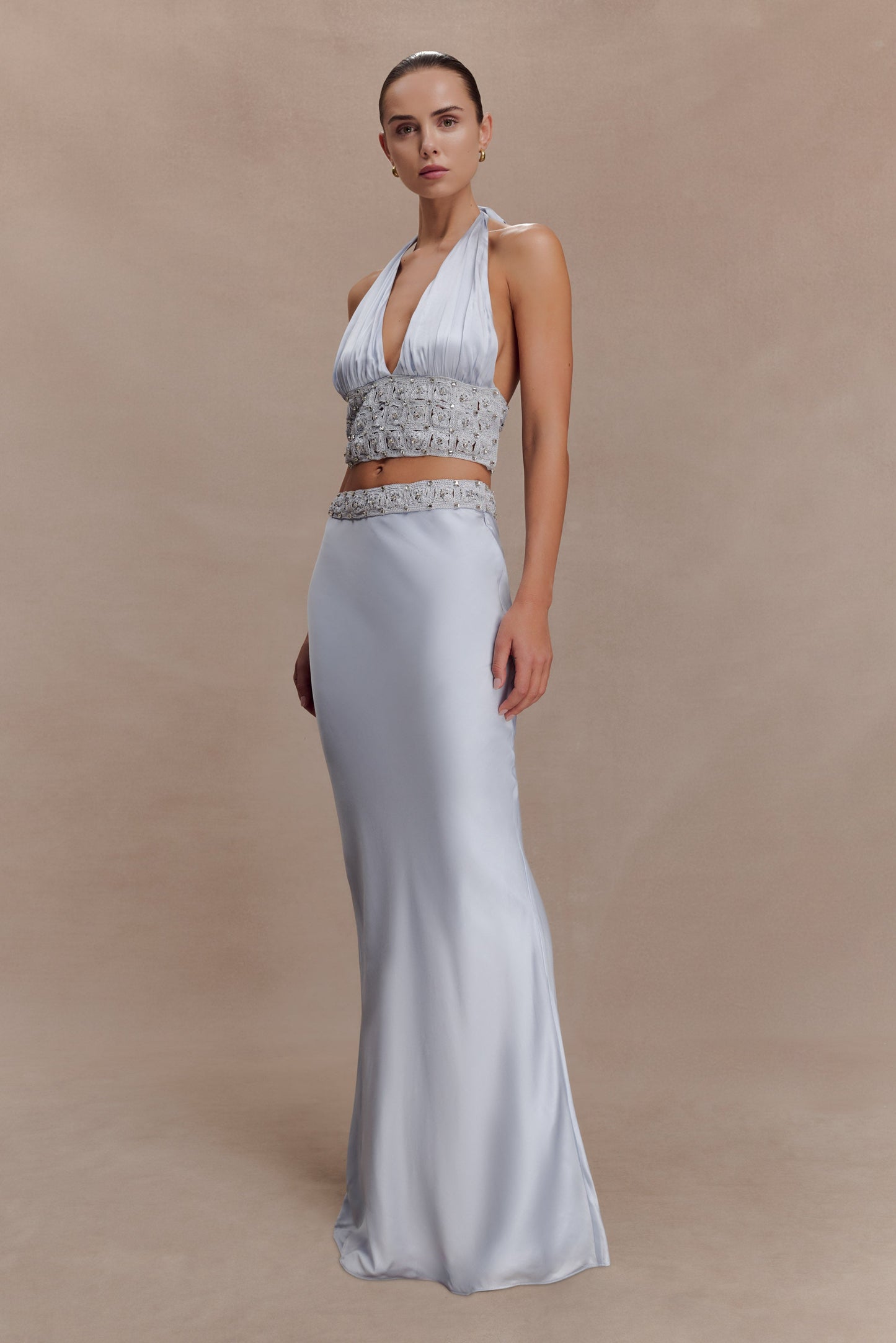 Clementine Chiffon Hand Beaded Top - Pale Blue