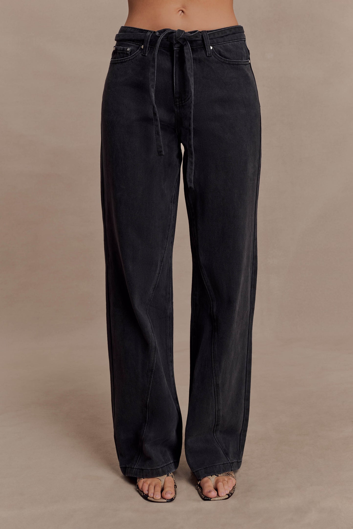 Perrie Mid Rise Straight Leg Tie Jeans - Washed Black