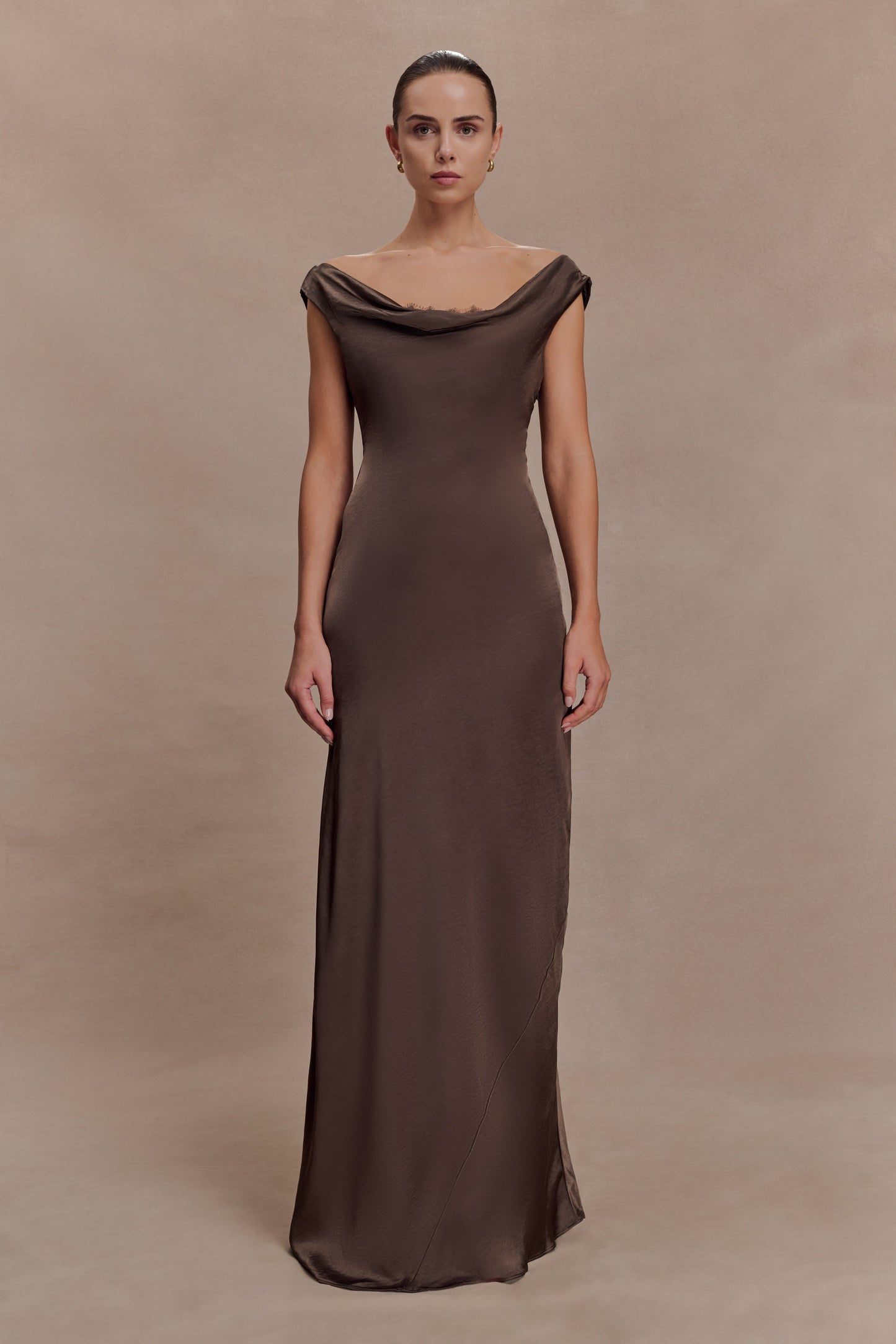 Ashley Cowl Neck Lace And Satin Maxi Dress - Mocha