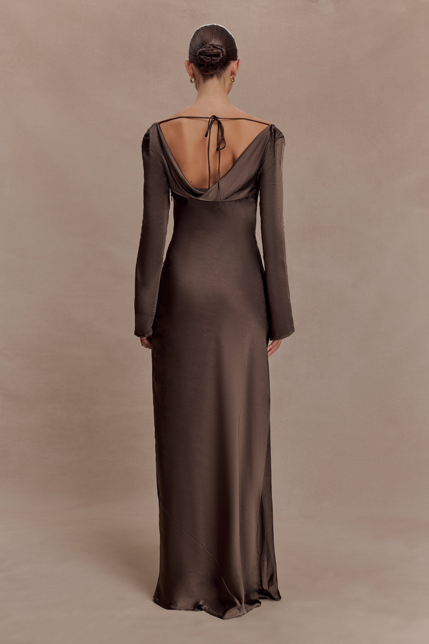 Eliza Long Sleeve Cowl Lace And Satin Maxi Dress - Mocha