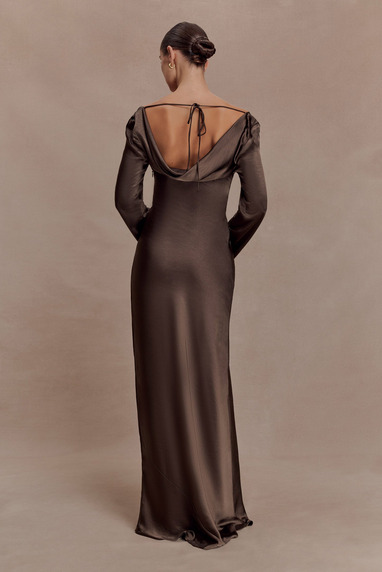 Eliza Long Sleeve Cowl Lace And Satin Maxi Dress - Mocha