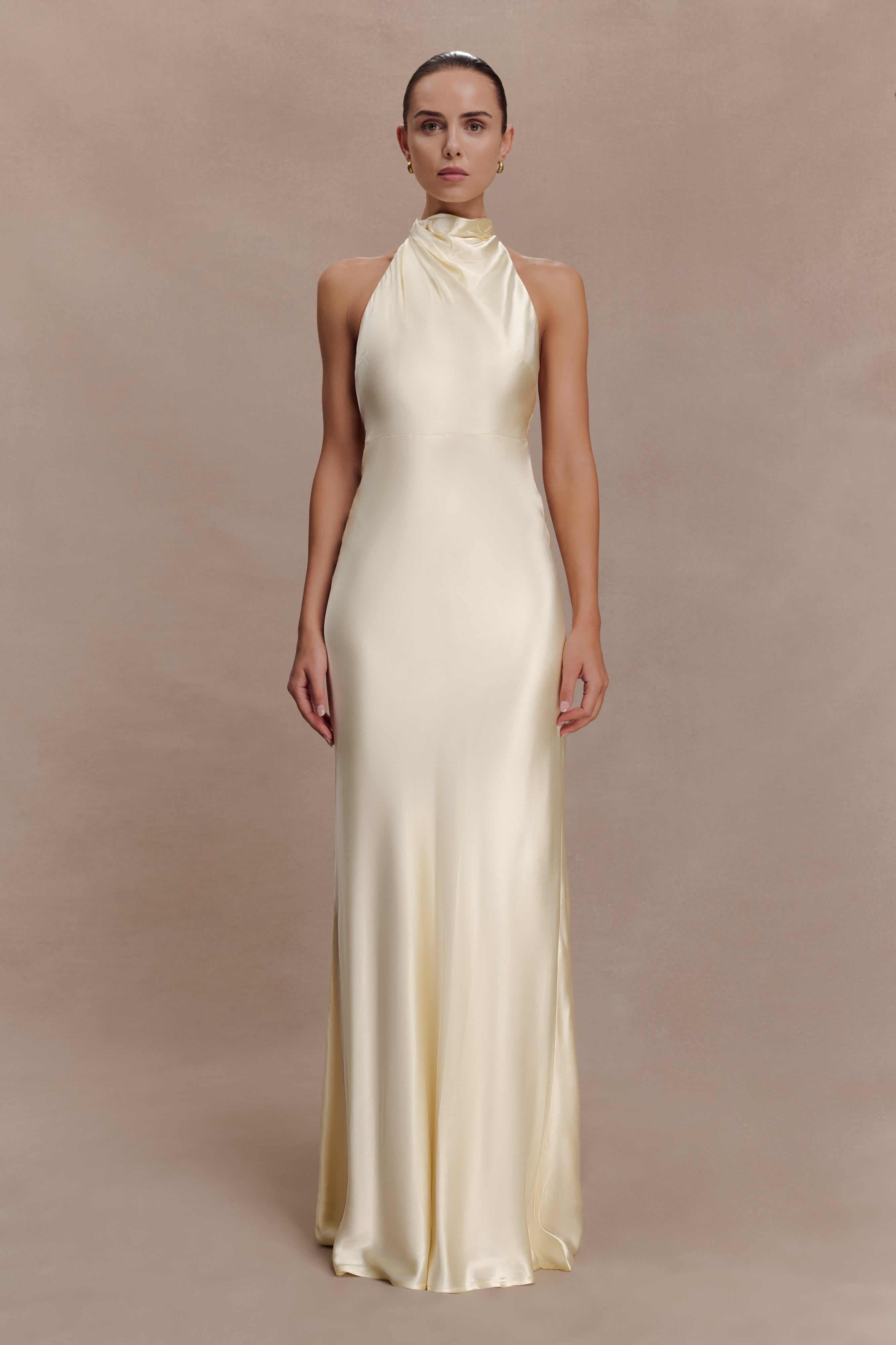 Esther Iridescent Satin Cowl Maxi Dress / Lemon Sorbet | Meshki